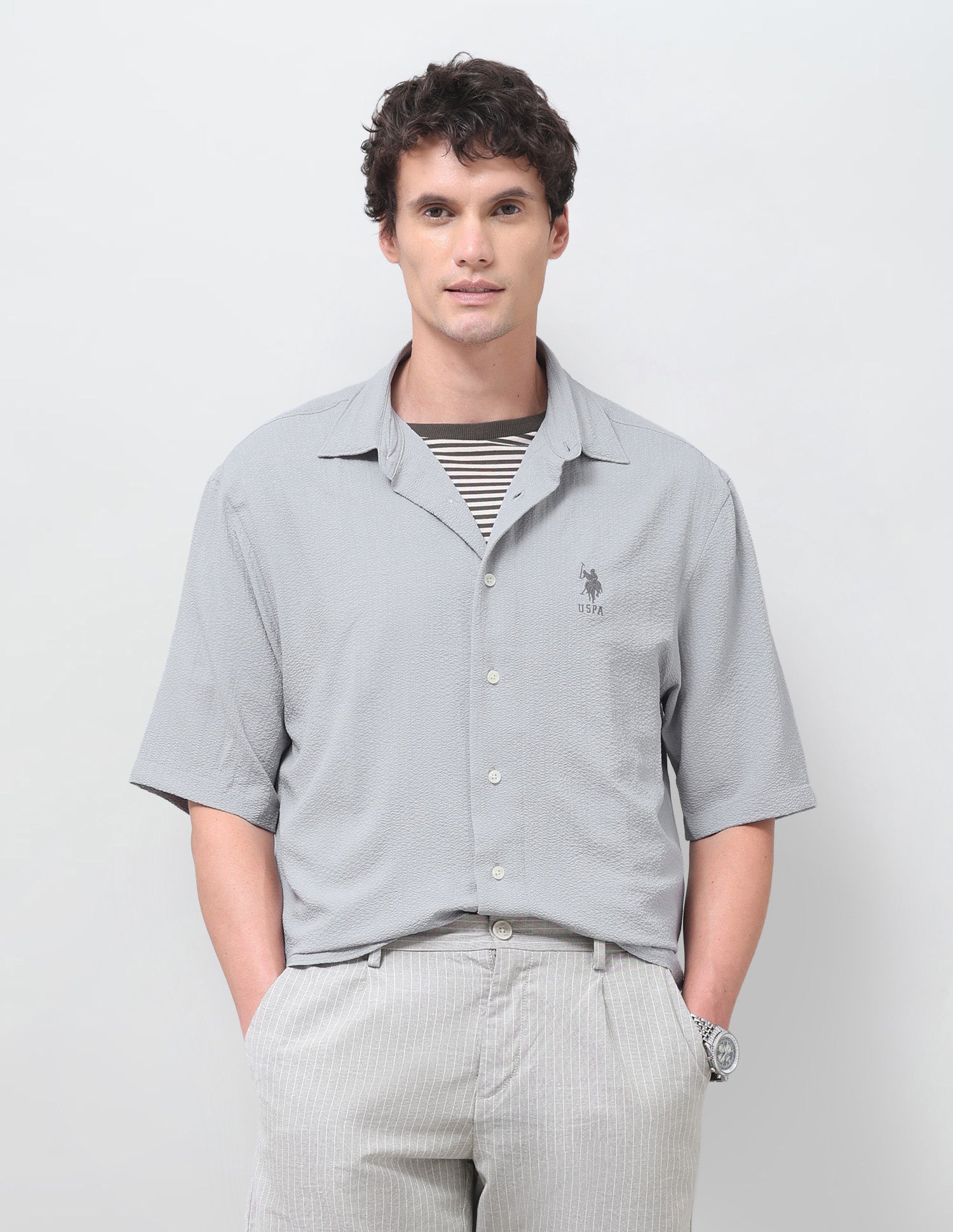 Solid Seersucker Shirt Light Grey - U.S. Polo Assn. India | Large