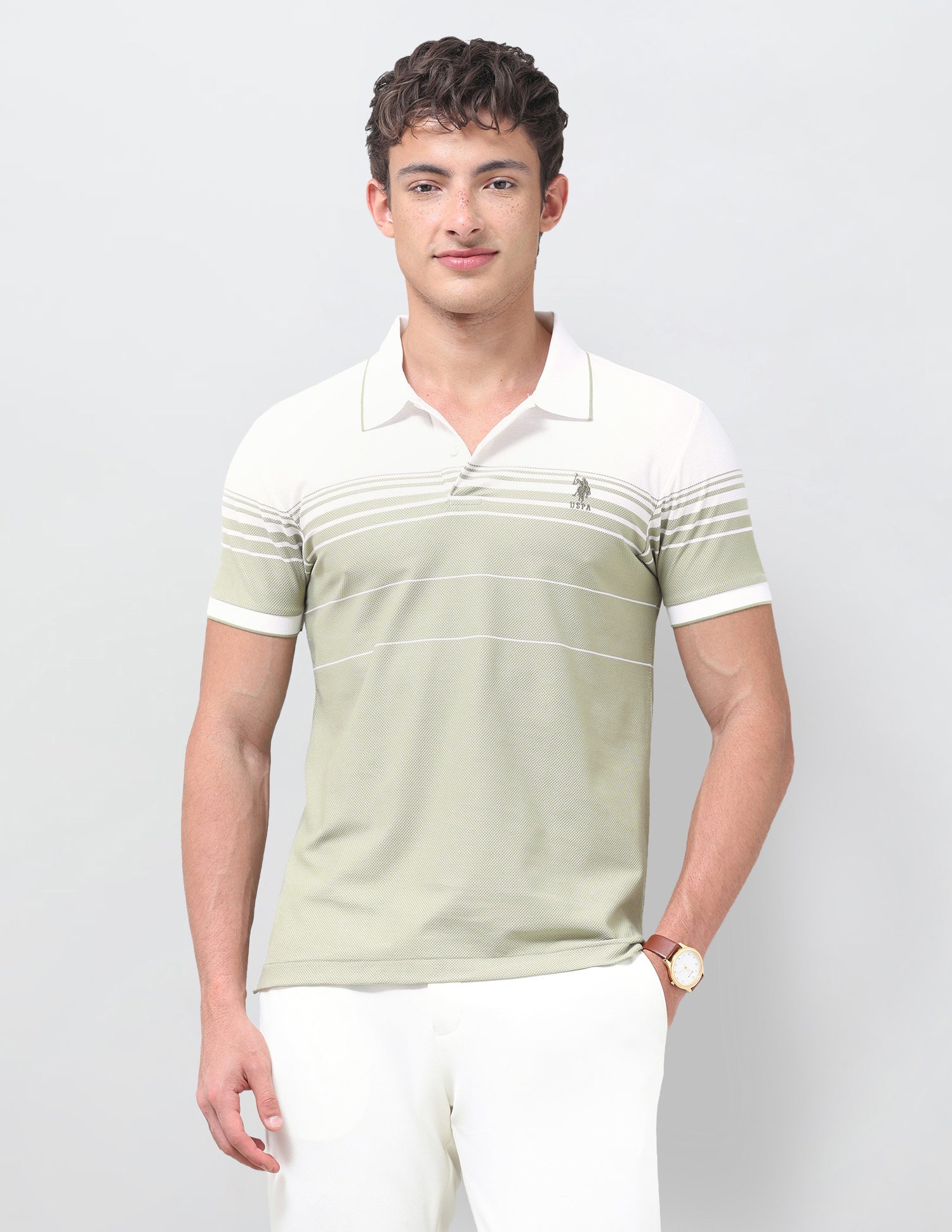 Horizontal Striped Slim Fit Polo Shirt Light Green - U.S. Polo Assn. India | Large