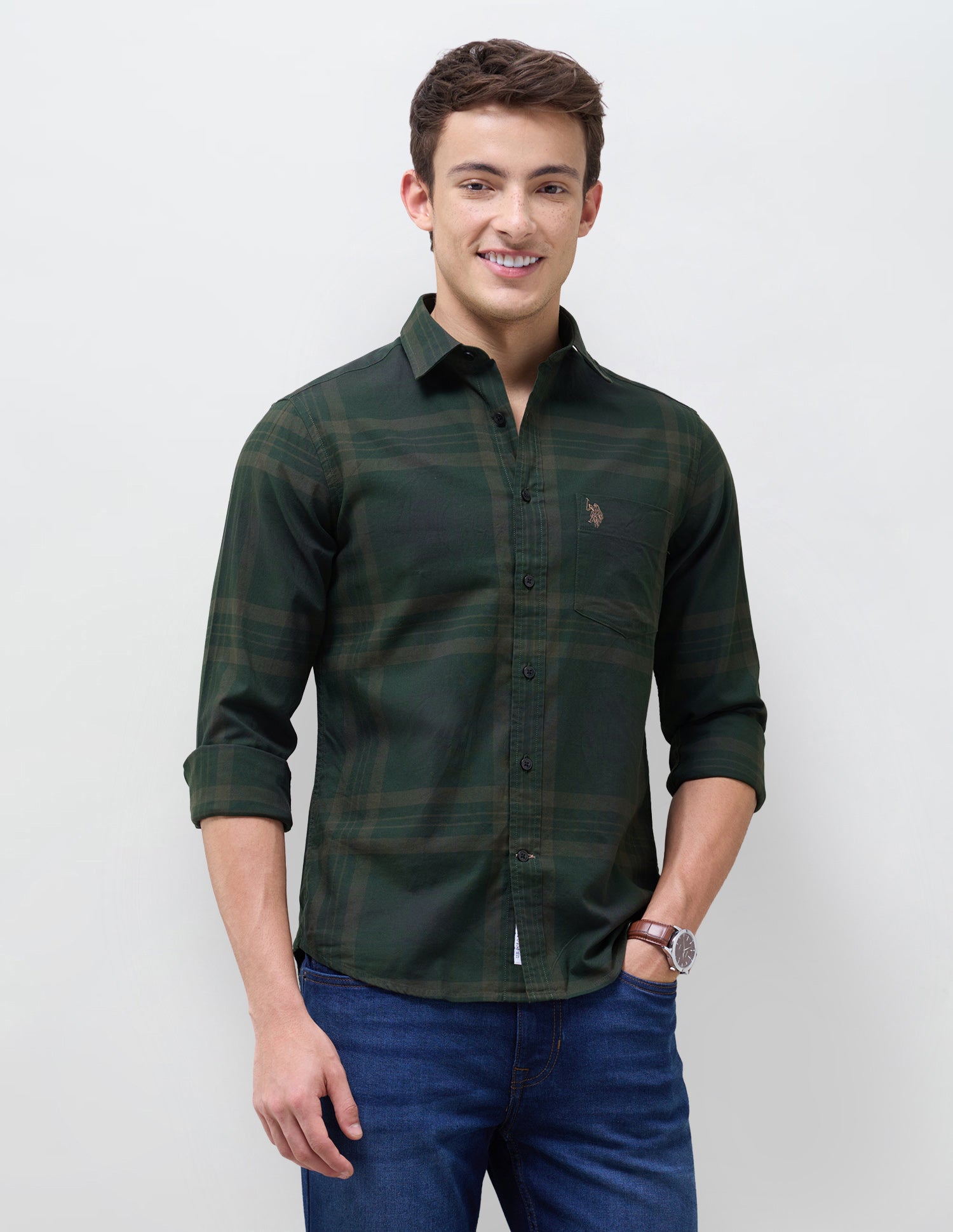 Tartan Checked Regular Fit Shirt Dark Olive - U.S. Polo Assn. India | Large