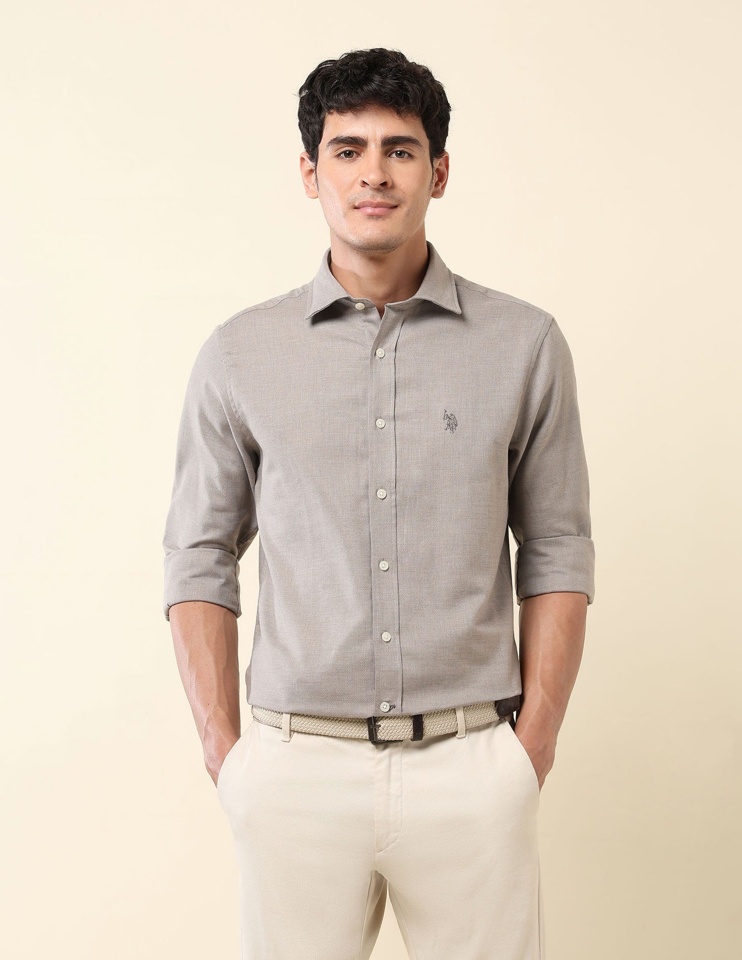 Tailored Fit Pure Cotton Dobby Shirt Grey - U.S. Polo Assn. India | Large