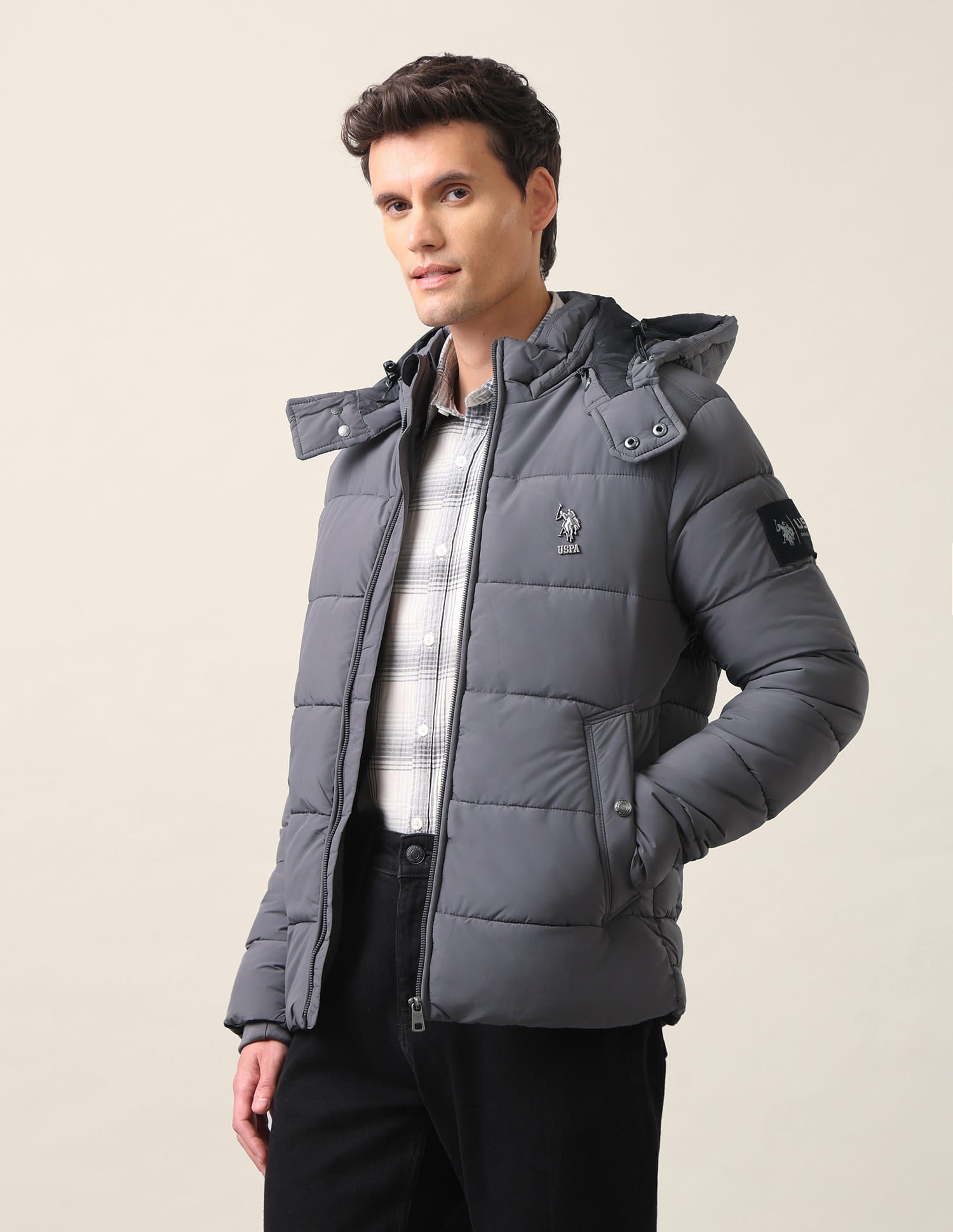 Regular Fit Solid Padded Jacket Dark Grey - U.S. Polo Assn. India | Large
