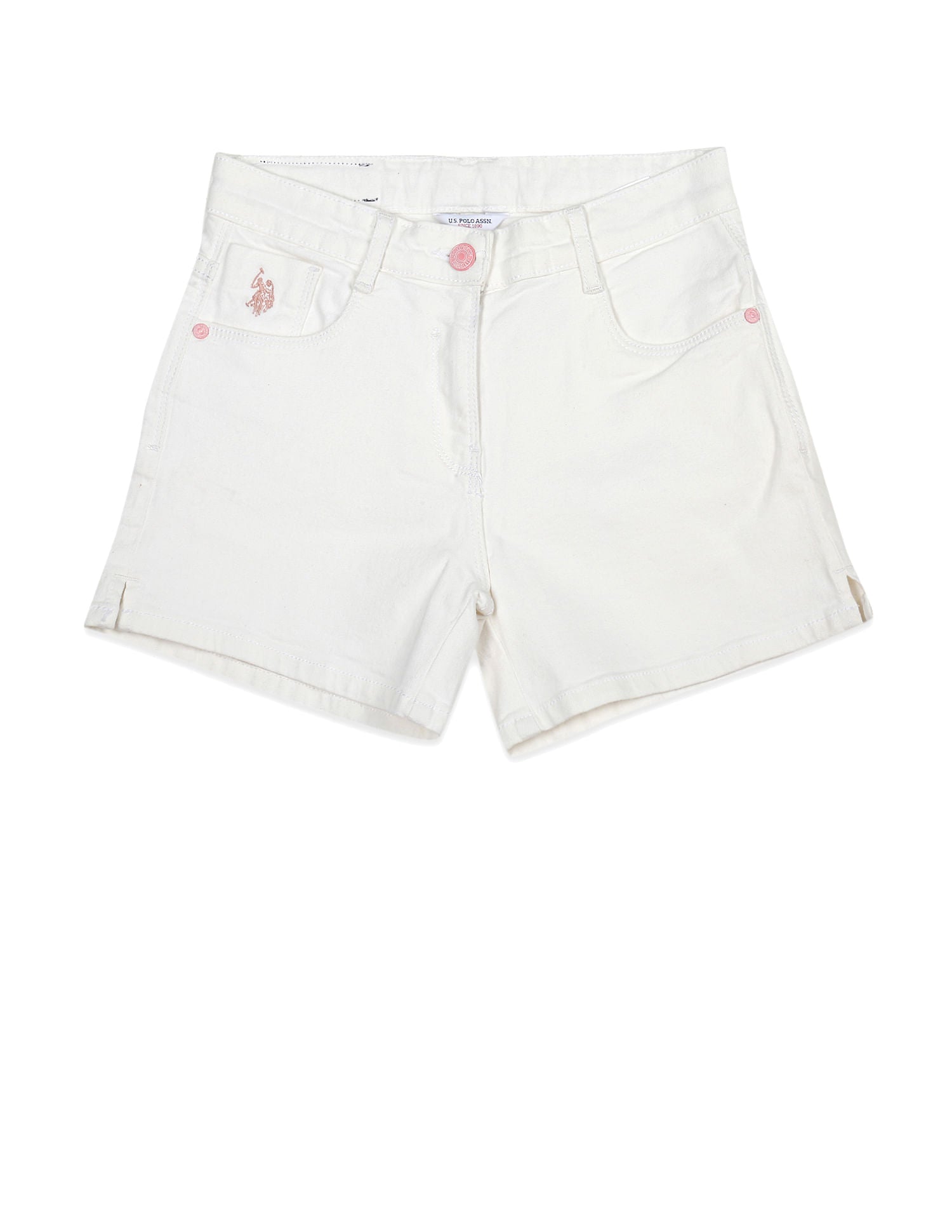 Girls White Mid Rise Solid Denim Shorts