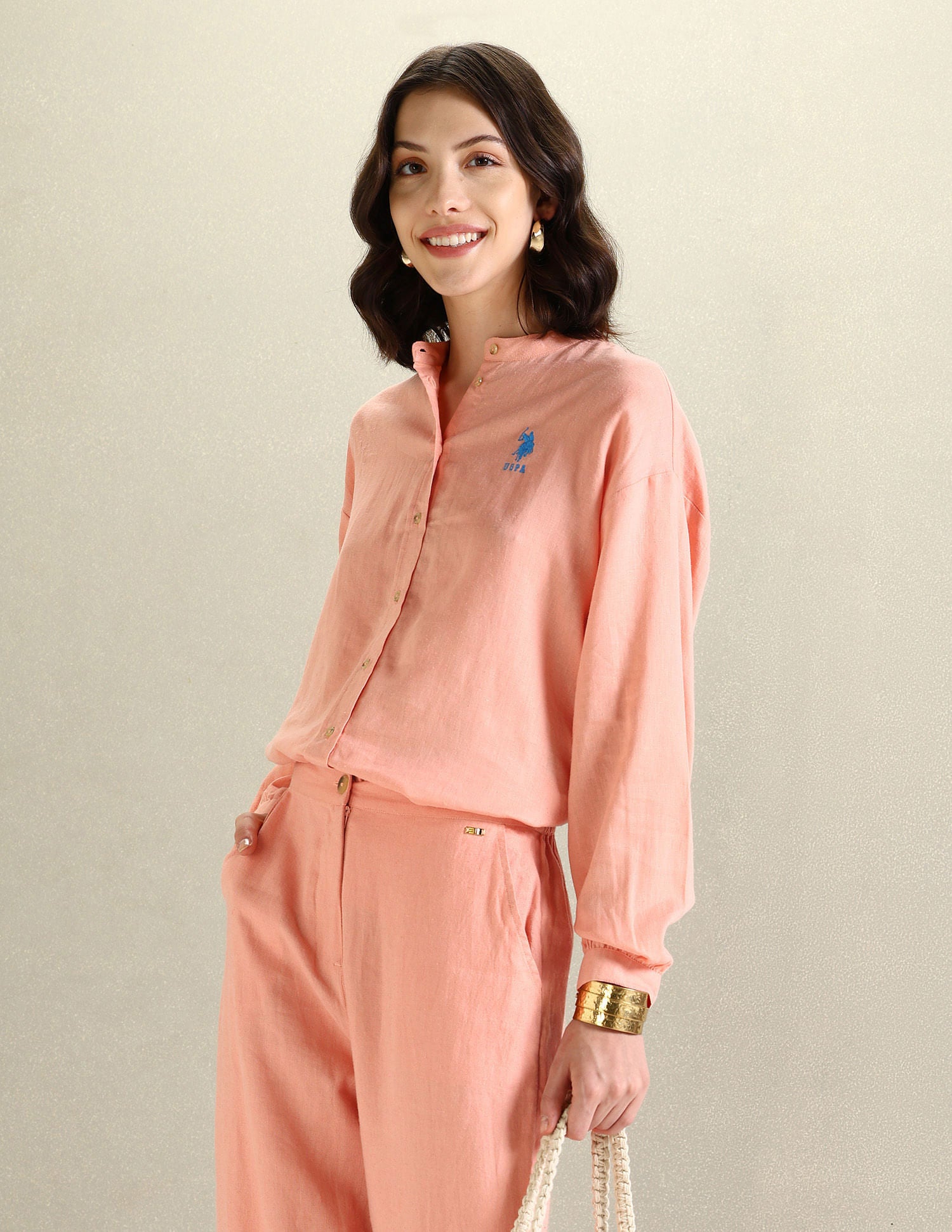 Mandarin Collar Viscose Linen Shirt Peach - U.S. Polo Assn. India | Large