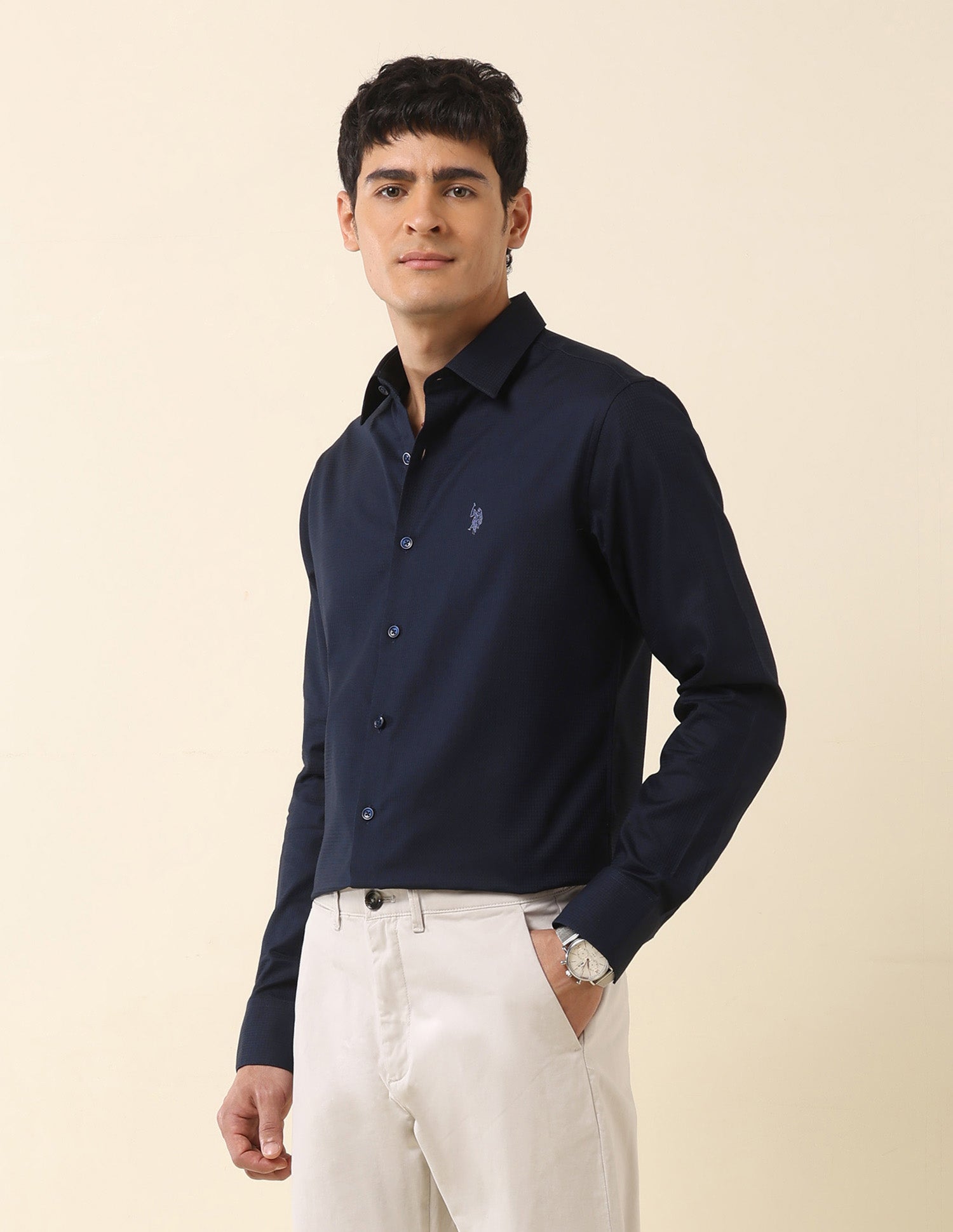 Tailored Fit Solid Pure Cotton Shirt Navy - U.S. Polo Assn. India | Large