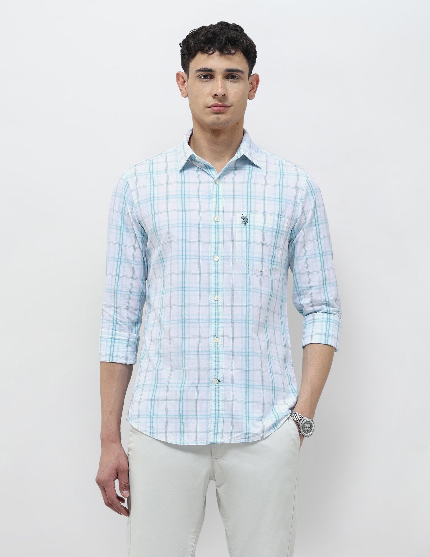 Seersucker Tailored Fit Shirt Light Blue - U.S. Polo Assn. India | Large