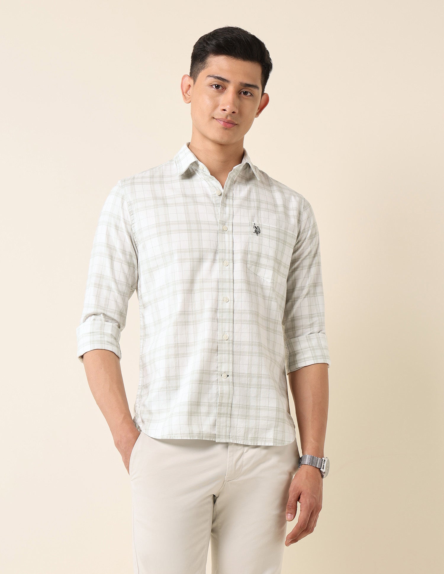 Plaid Checked Pure Cotton Shirt Light Green - U.S. Polo Assn. India | Large