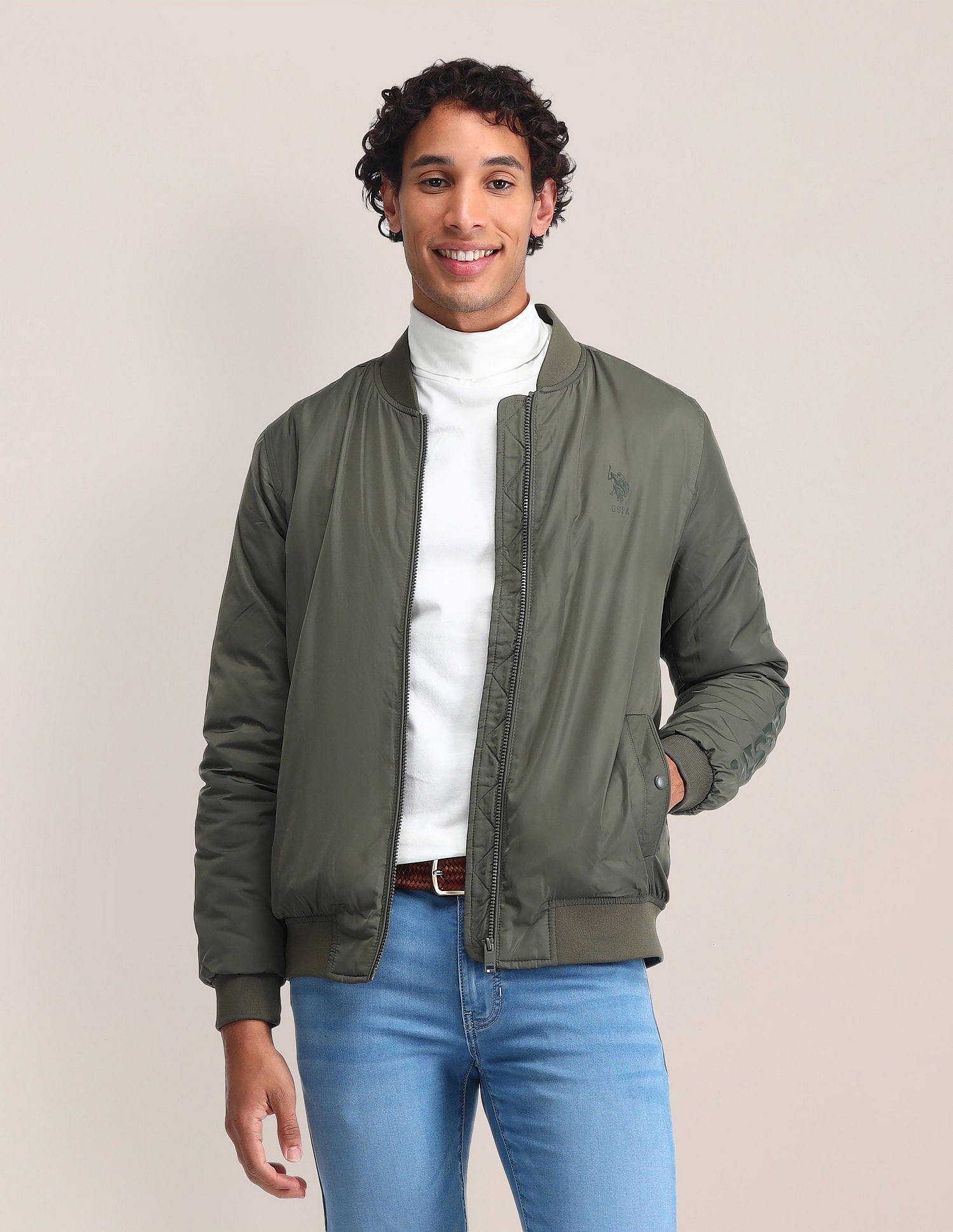 Regular Fit Solid Bomber Jacket Olive Green - U.S. Polo Assn. India | Large