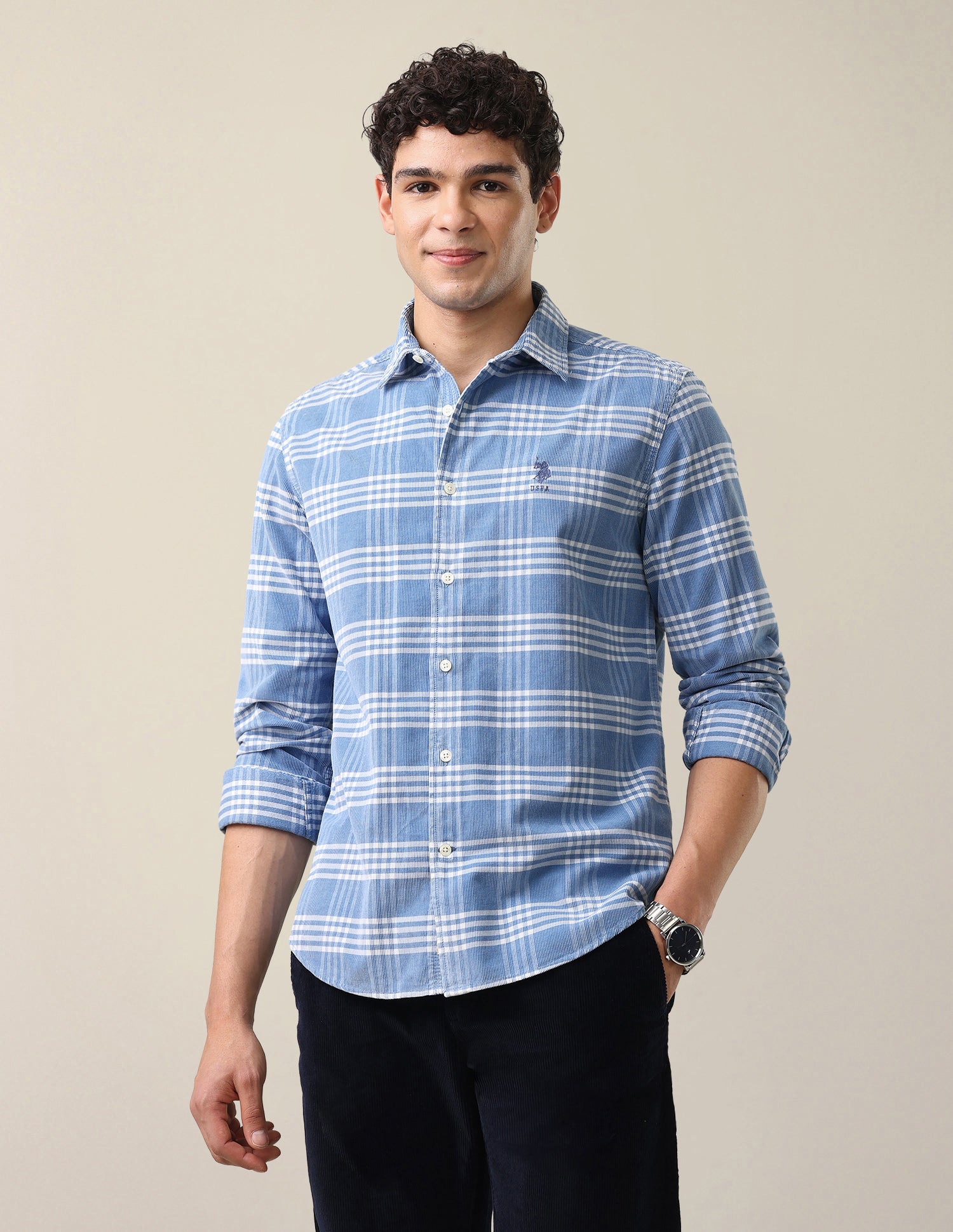 Grid Tattersall Checked Corduroy Shirt Light Indigo - U.S. Polo Assn. India | Large