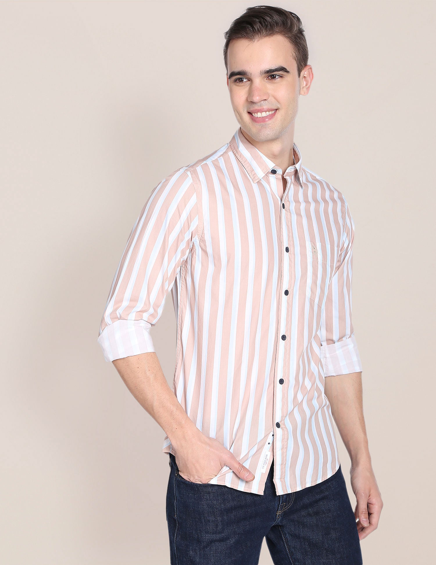 Men Beige Vertical Stripe Cotton Casual Shirt Beige - U.S. POLO ASSN. | Large