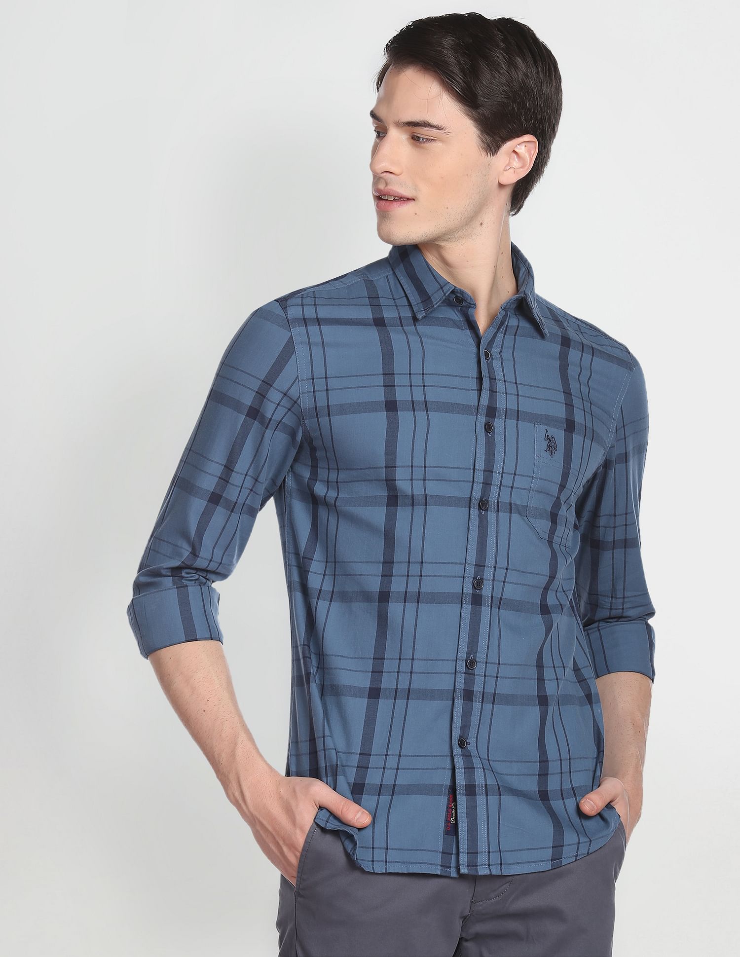 Tartan Check Cotton Twill Formal Shirt Blue - U.S. POLO ASSN. | Large