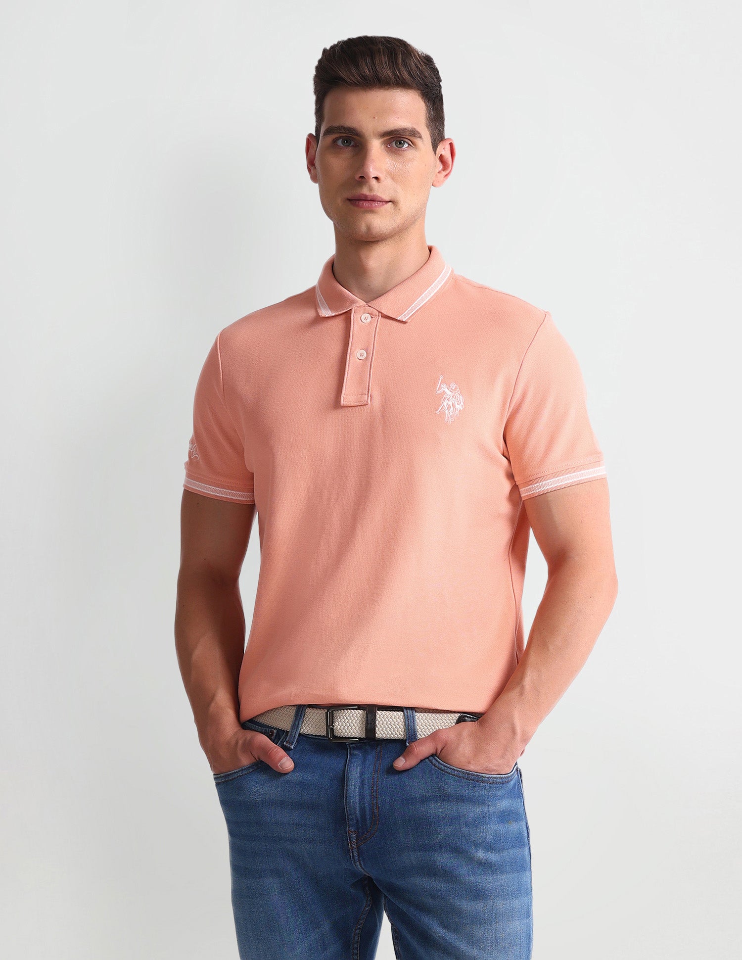 Patterned Collar Muscle Fit Polo Shirt Peach - U.S. Polo Assn. India | Large