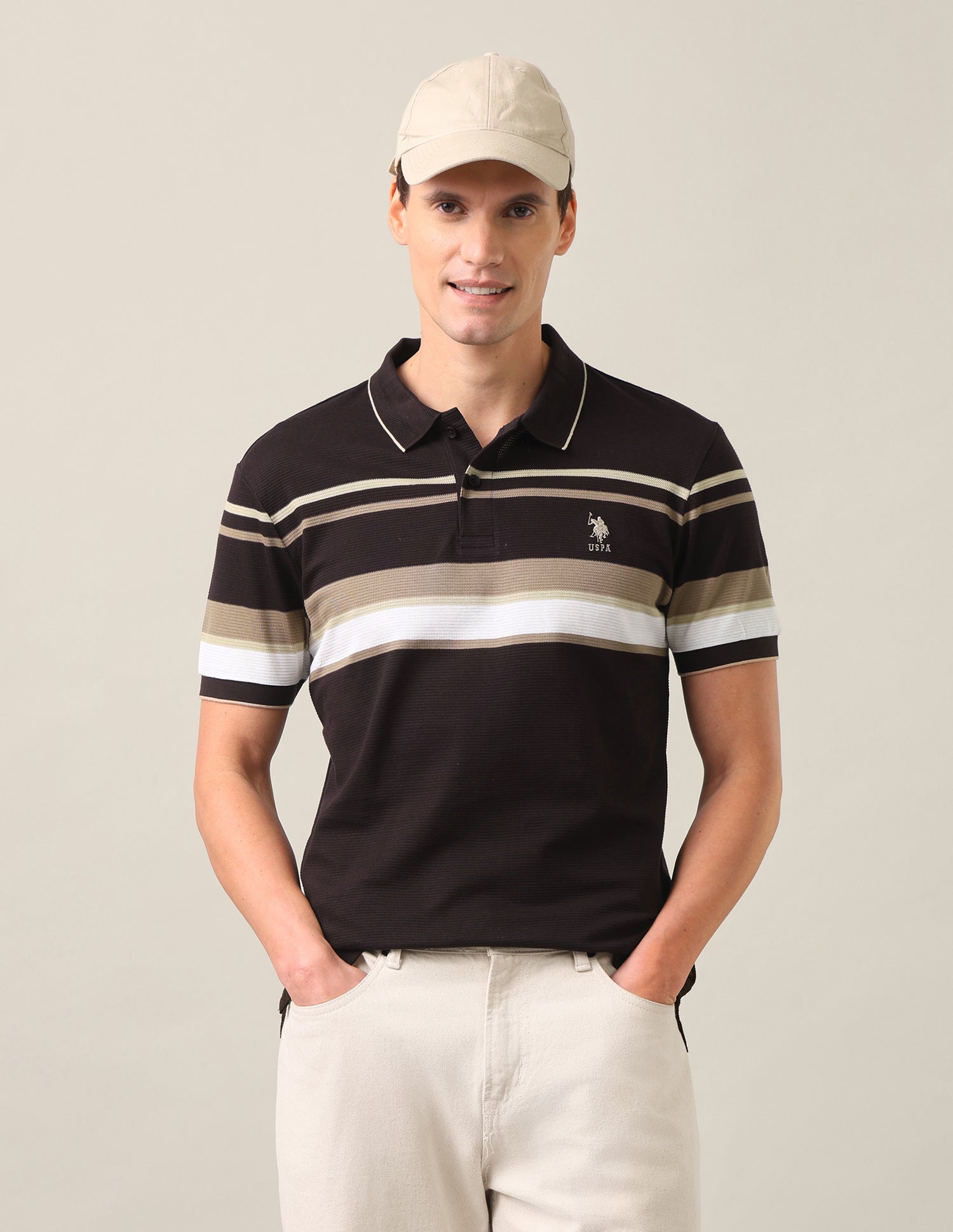 Horizontal Striped Jacquard Slim Fit Polo Shirt Dark Brown - U.S. Polo Assn. India | Large