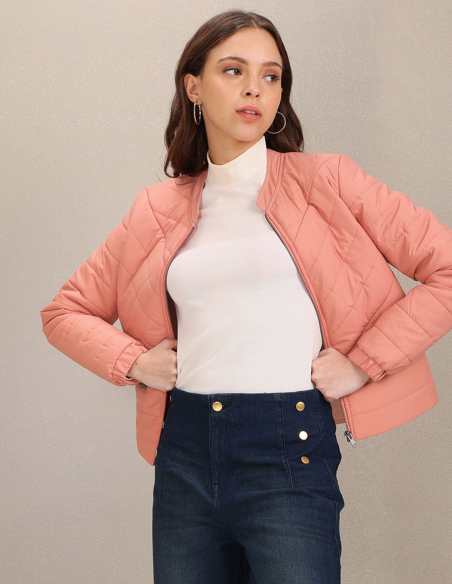 Stand Collar Solid Padded Crop Jacket Light Pink - U.S. POLO ASSN. | Large