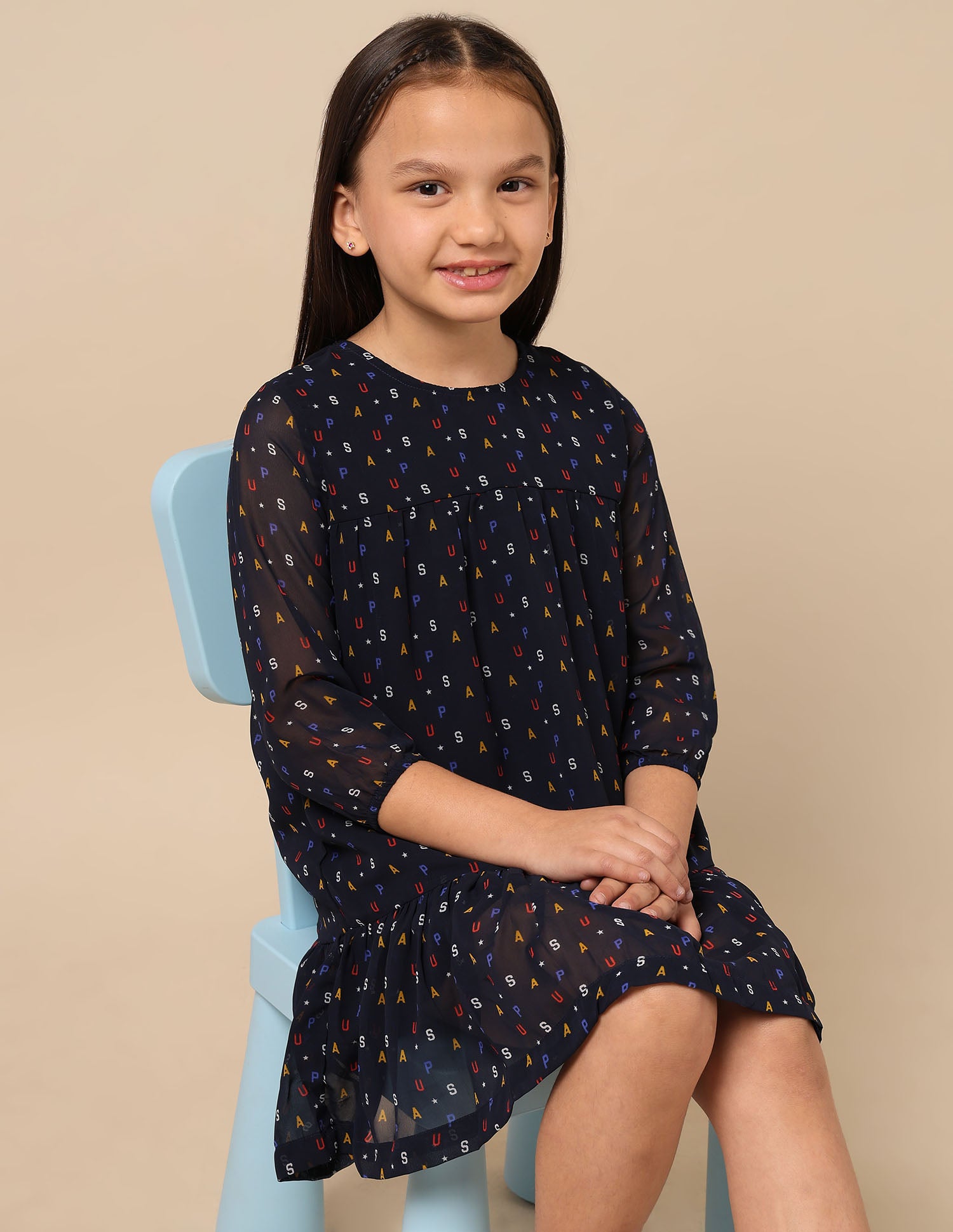 All Over Brand Print Long Sleeve A-Line Dress