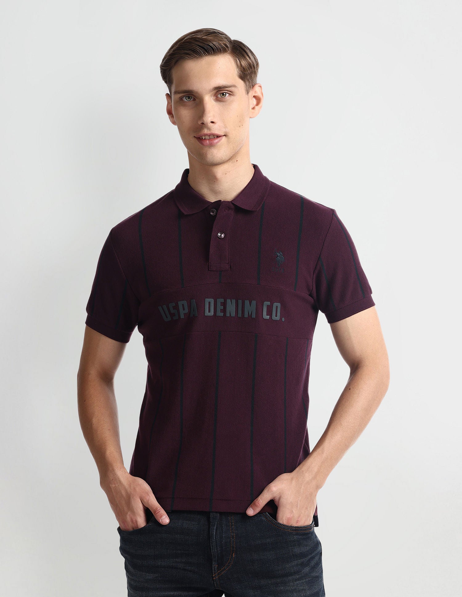 Vertical Striped Yarn Dyed Polo Shirt Wine - U.S. Polo Assn. India | Large