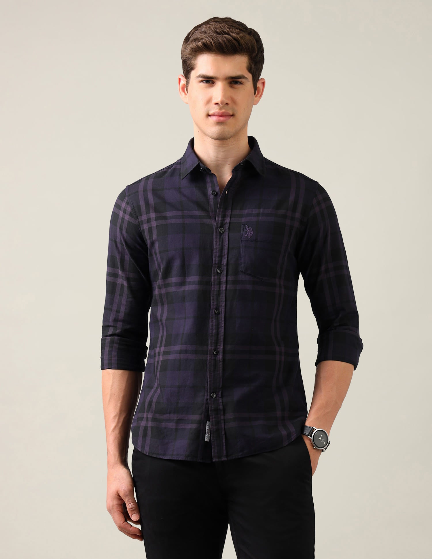 Grid Tattersall Checked Tailored Fit Shirt Purple - U.S. Polo Assn. India | Large