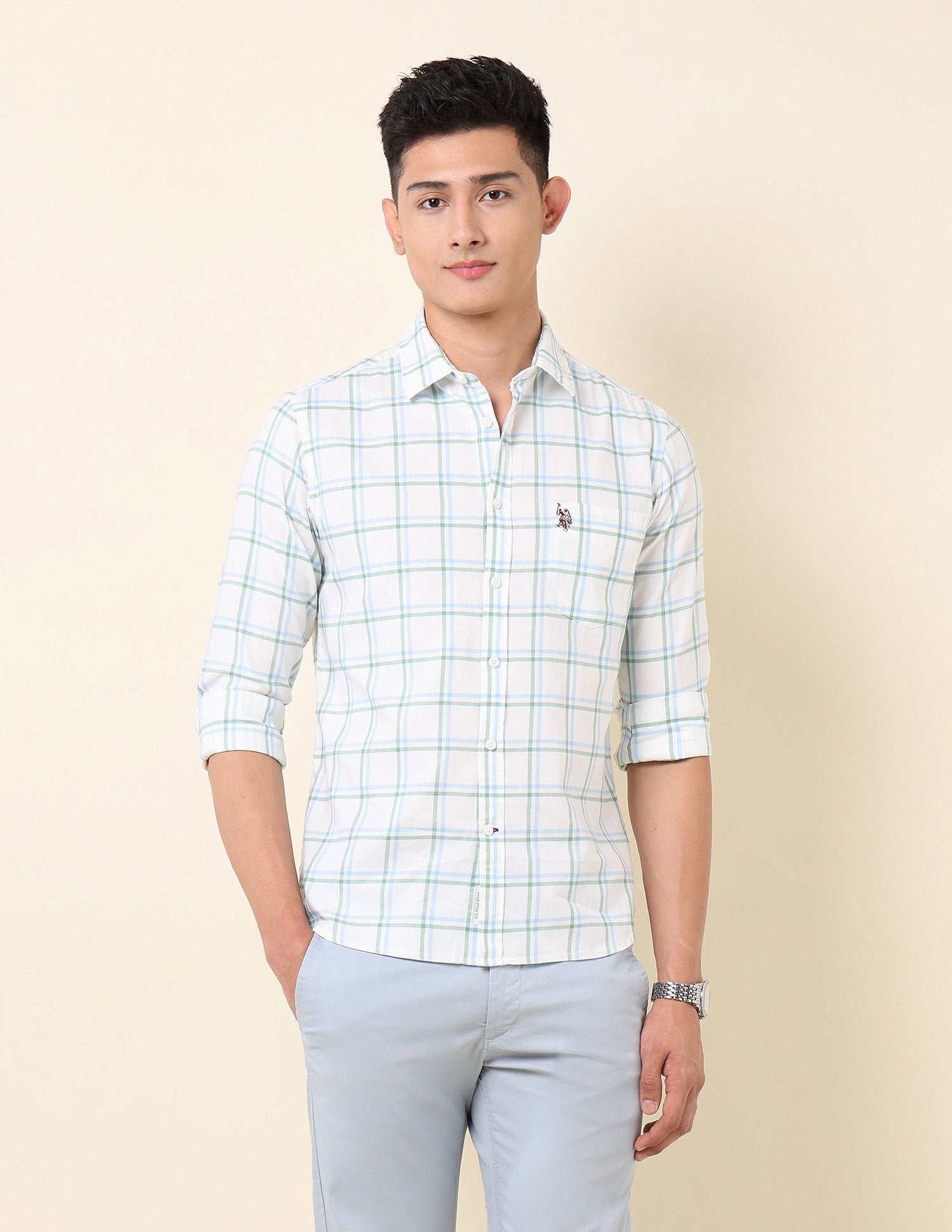 Pure Cotton Windowpane Checked Shirt Light Green - U.S. Polo Assn. India | Large