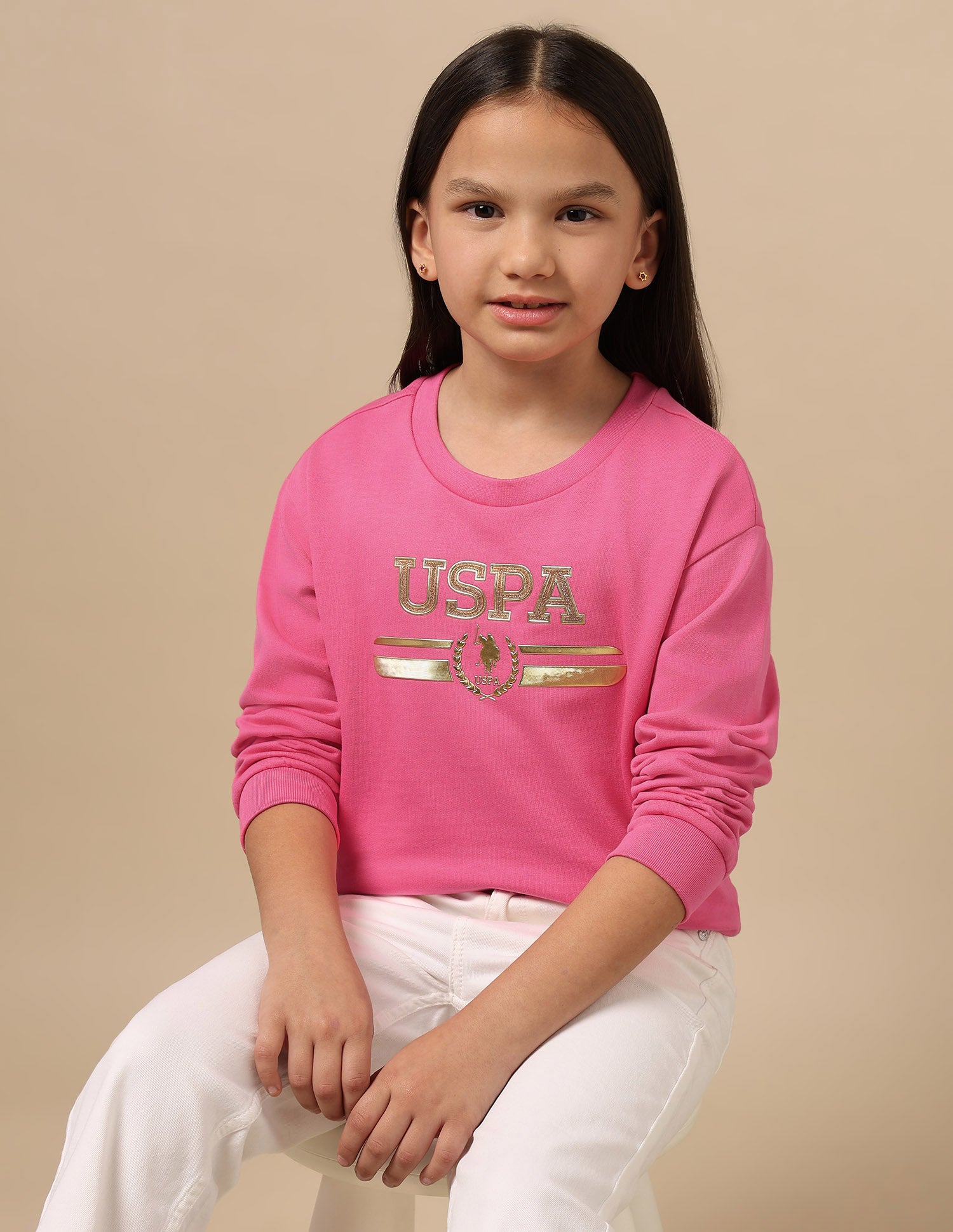 Girls Metallic Brand Print Sweatshirt Pink - U.S. Polo Assn. India | Large