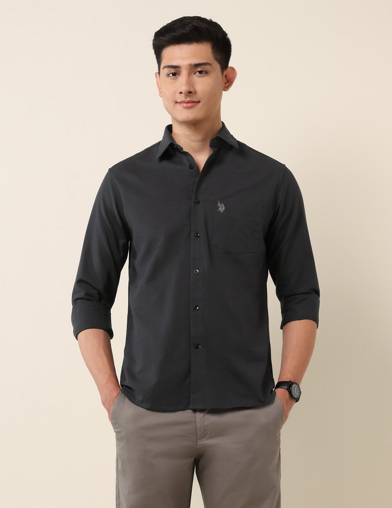 Tailored Fit Twill Shirt Dark Grey - U.S. Polo Assn. India | Large