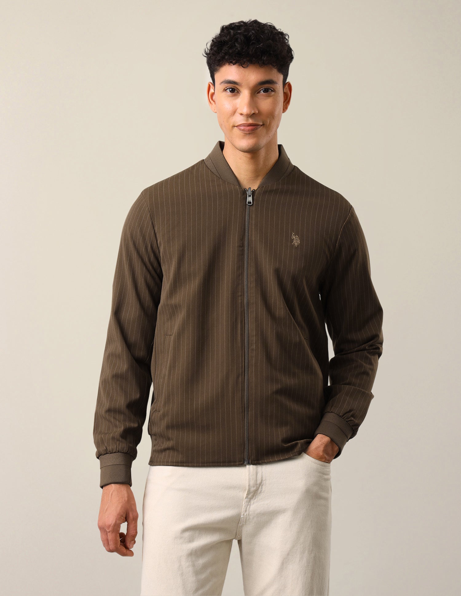Vertical Striped Regular Fit Bomber Jacket Brown - U.S. Polo Assn. India | Large