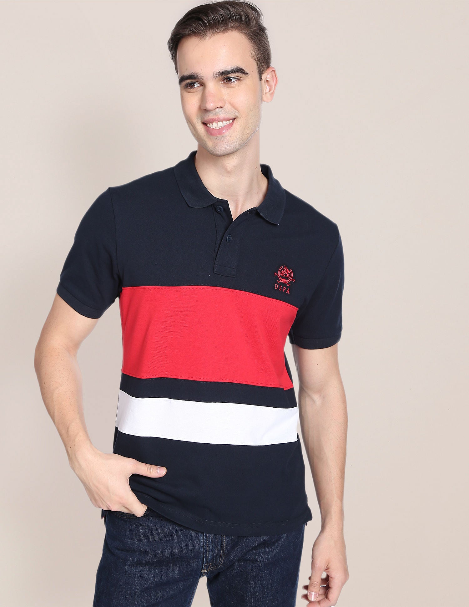 Colour Block Cotton Polo Shirt Navy - U.S. Polo Assn. India | Large
