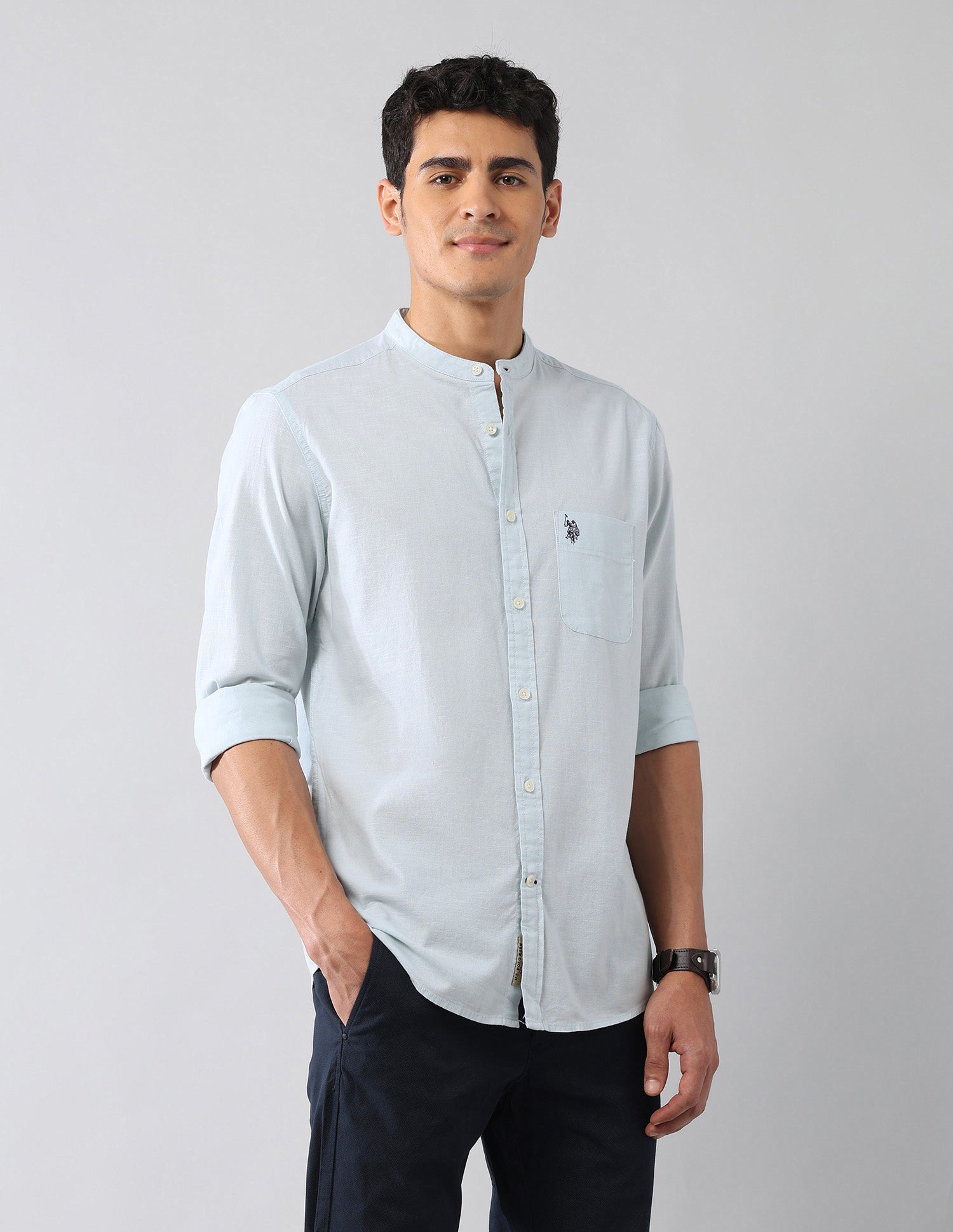 Solid Regular Fit Mandarin Shirt