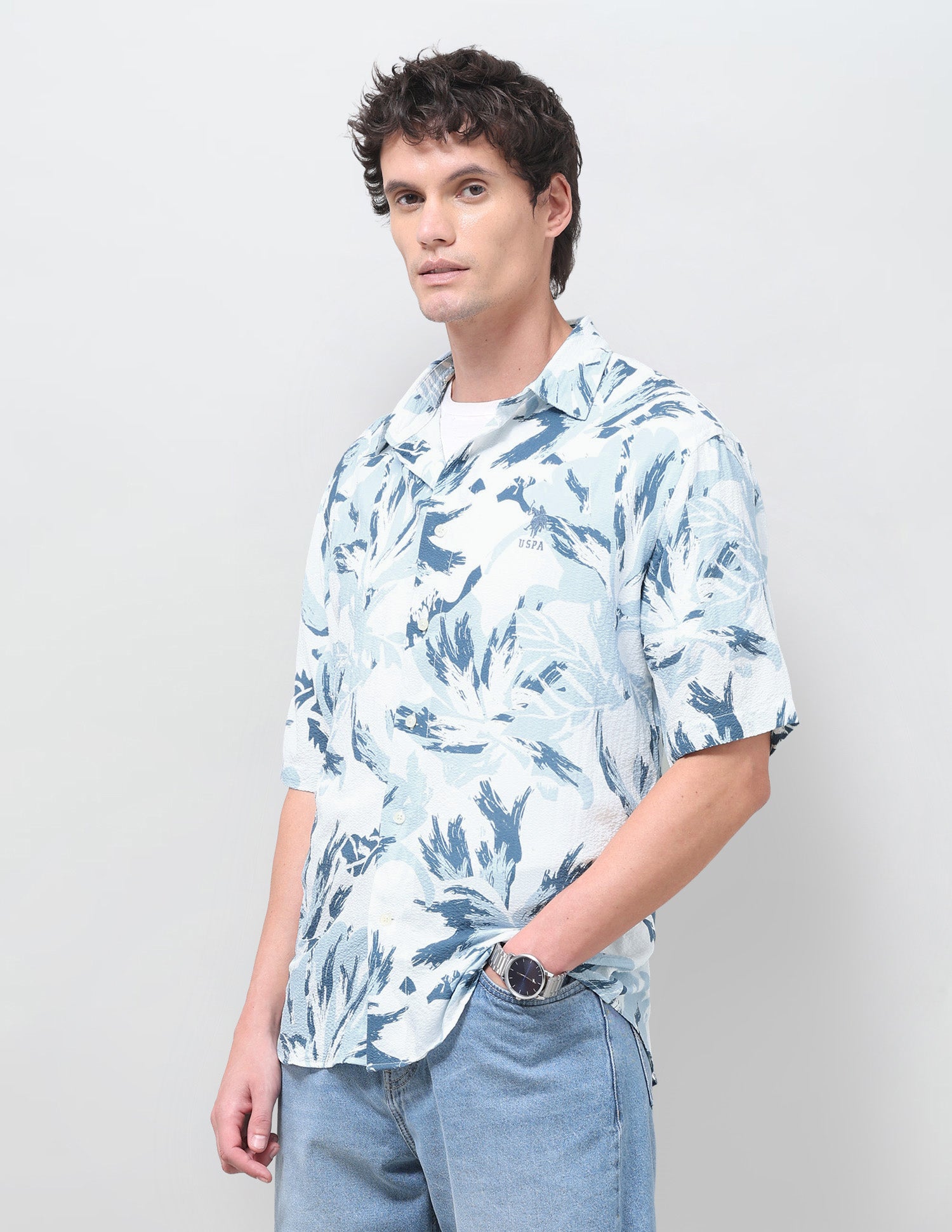 Floral Printed Seersucker Shirt Light Blue - U.S. Polo Assn. India | Large