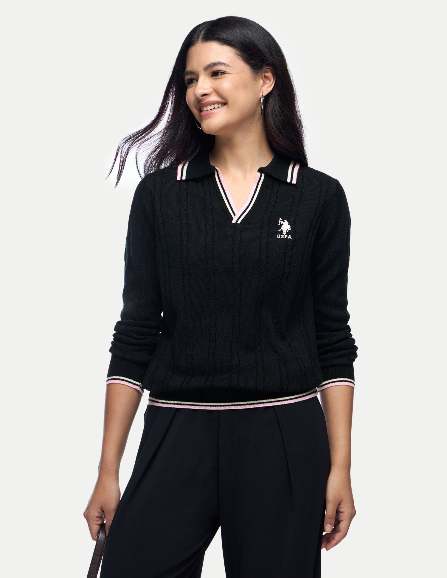 Cable Patterned Knit Regular Fit Sweater Black - U.S. Polo Assn. India | Large