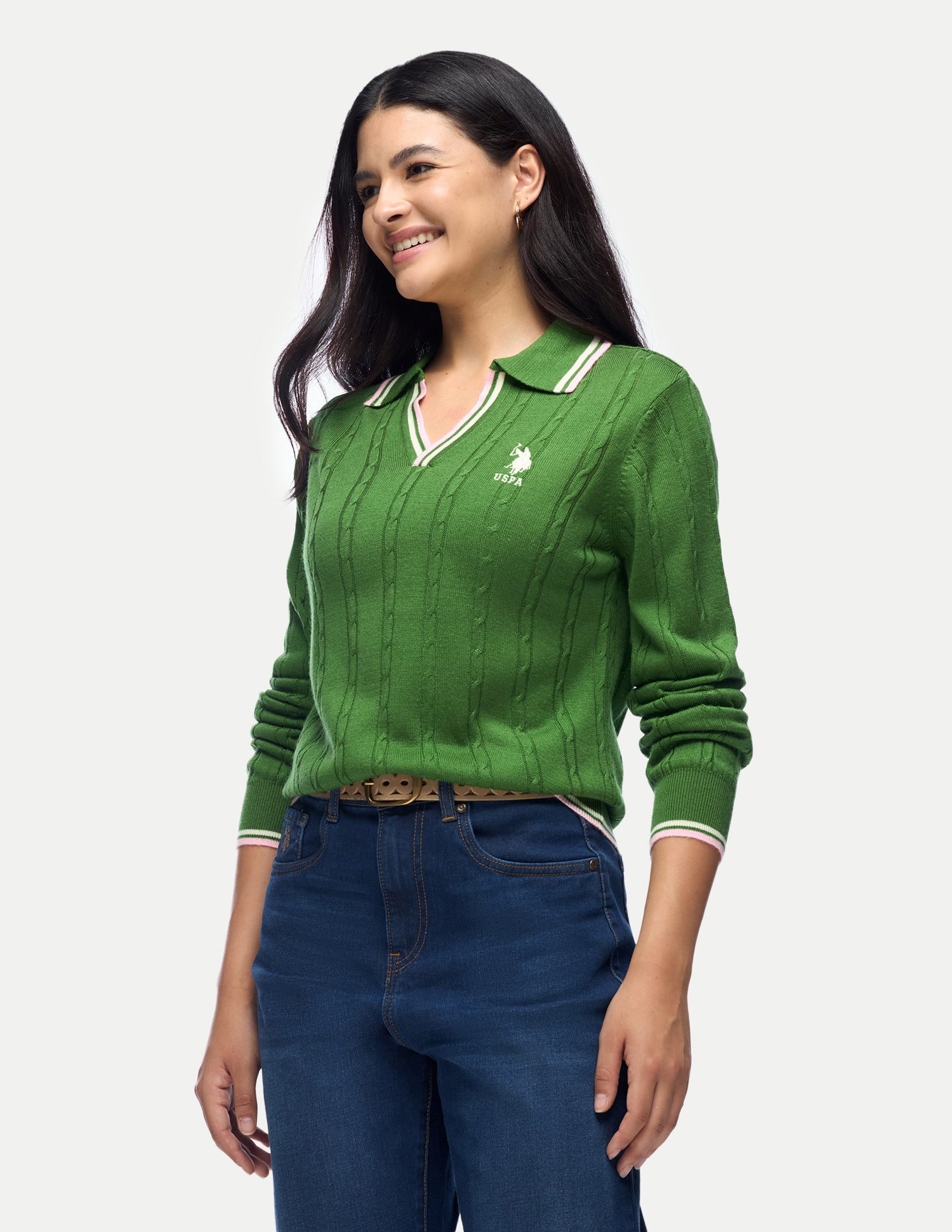 Cable Patterned Knit Regular Fit Sweater Green - U.S. Polo Assn. India | Large