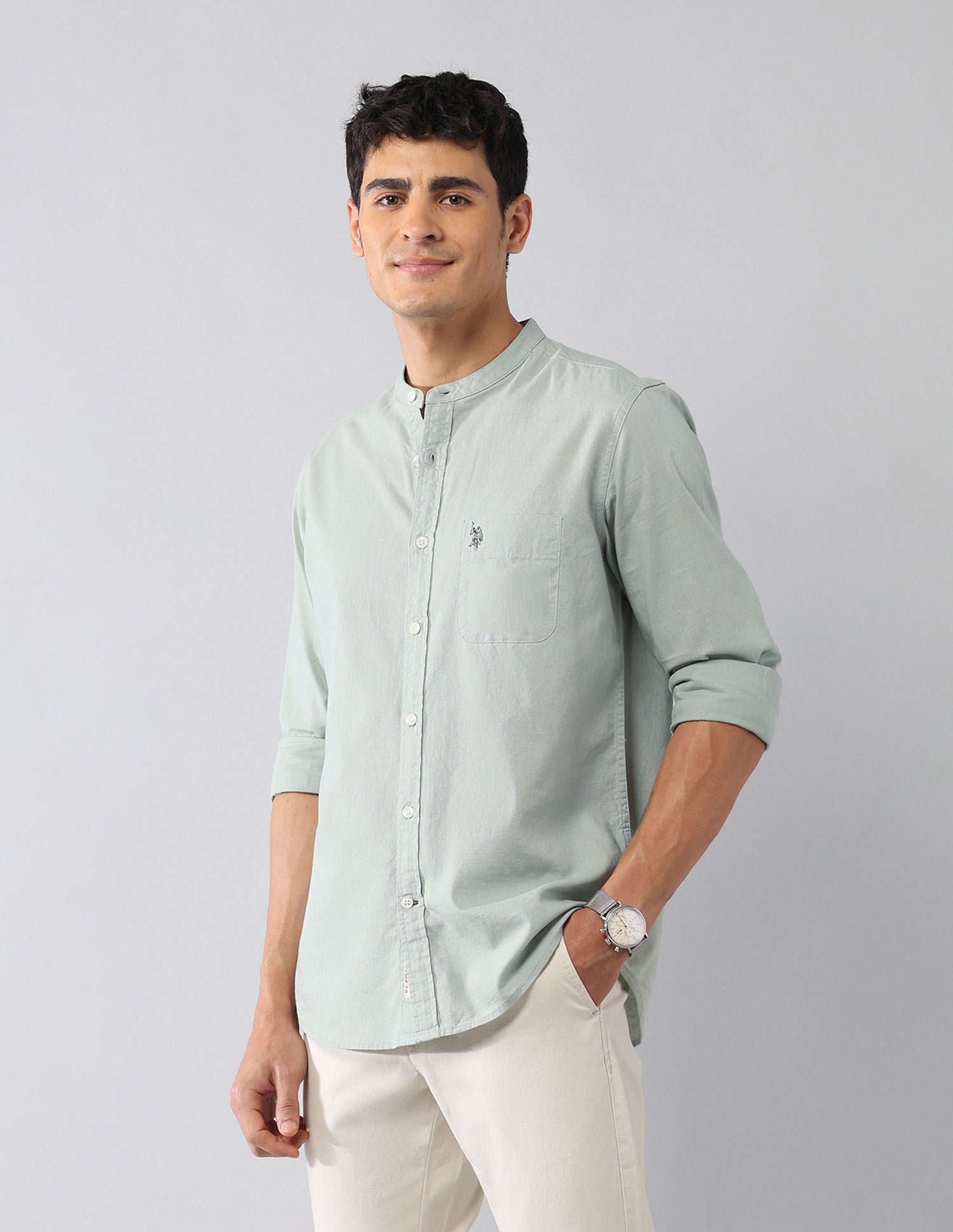 Solid Regular Fit Mandarin Shirt