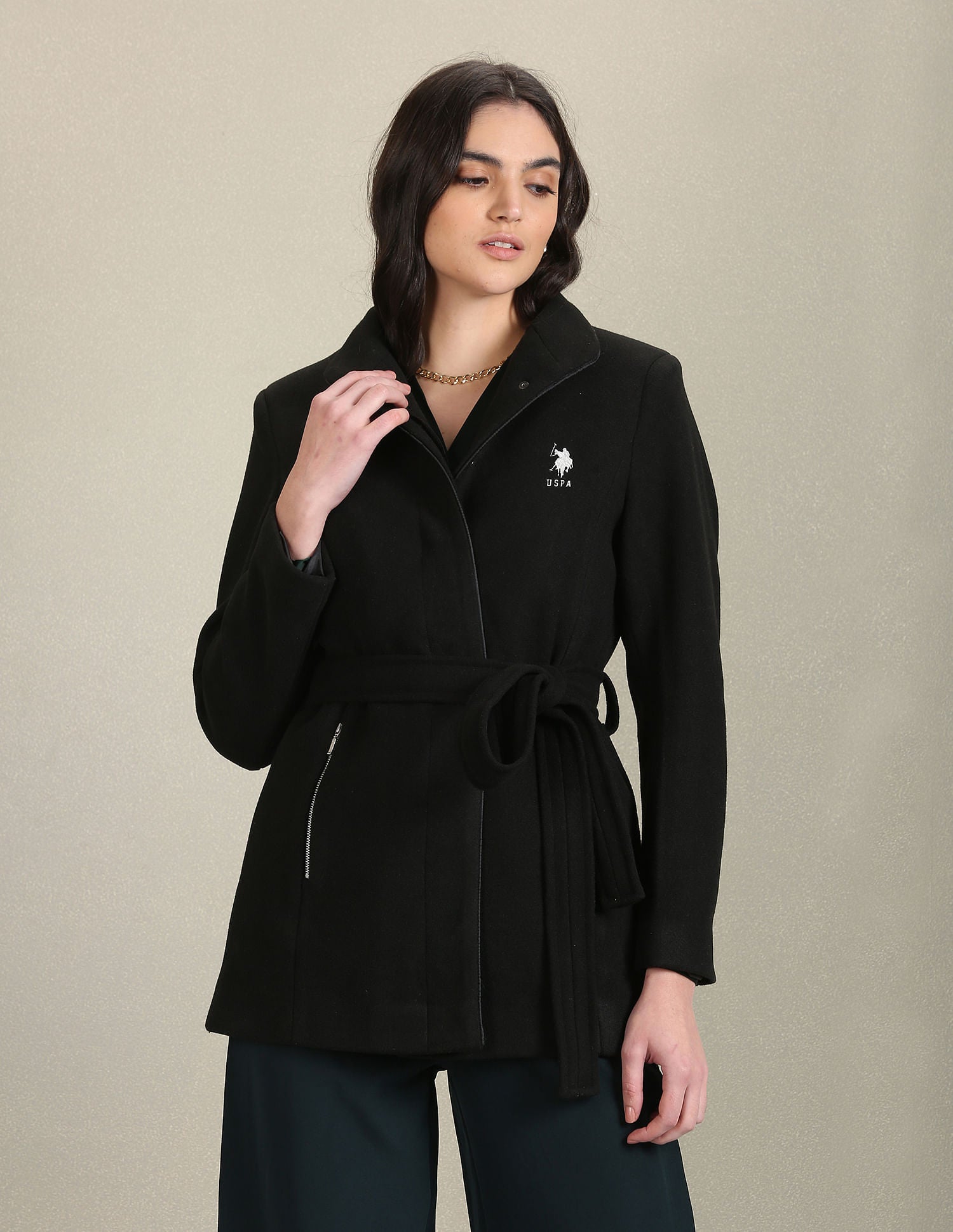 Belted Solid Jacket Black - U.S. Polo Assn. India | Large