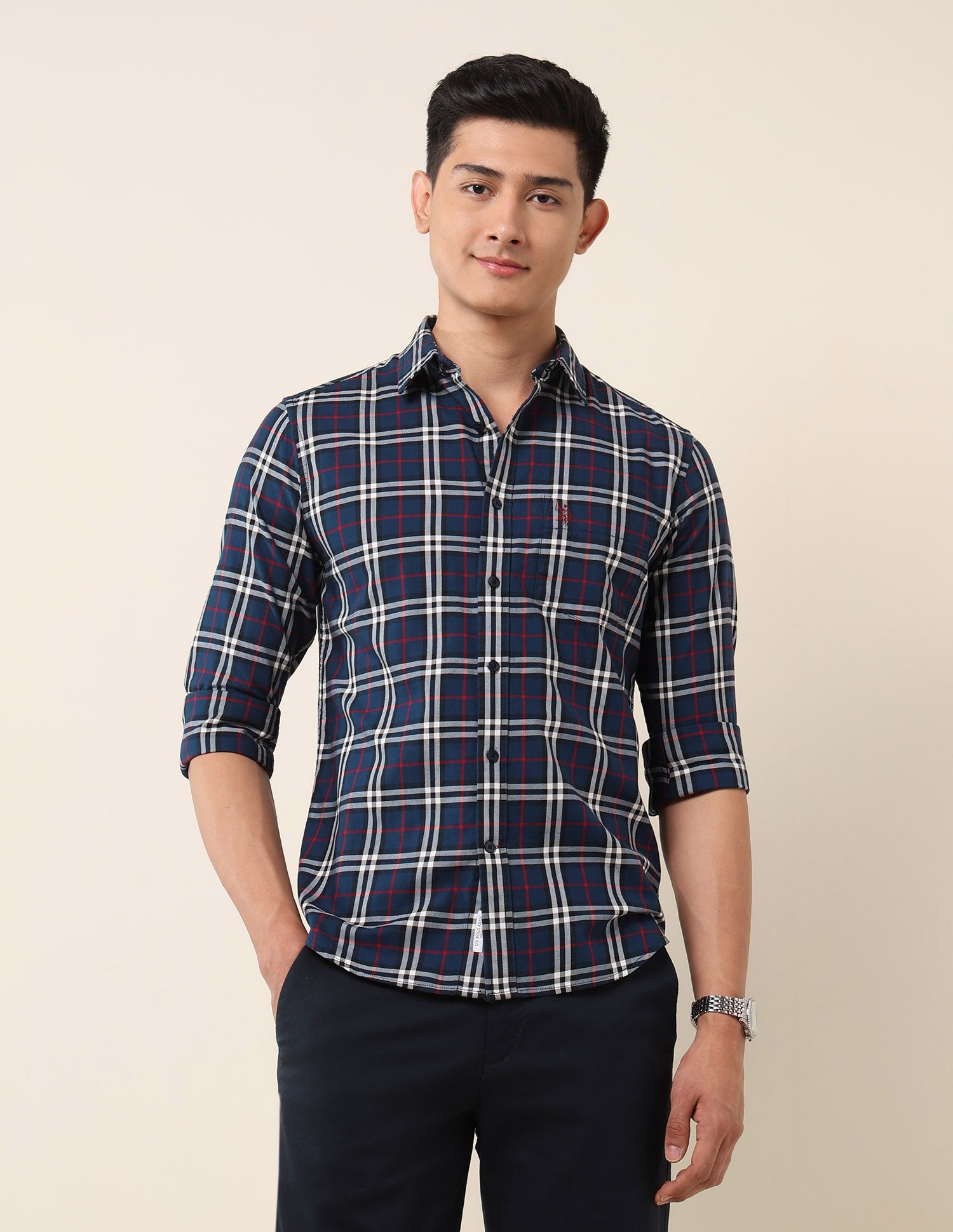 Grid Tattersall Checked Pure Cotton Shirt Navy Blue - U.S. Polo Assn. India | Large