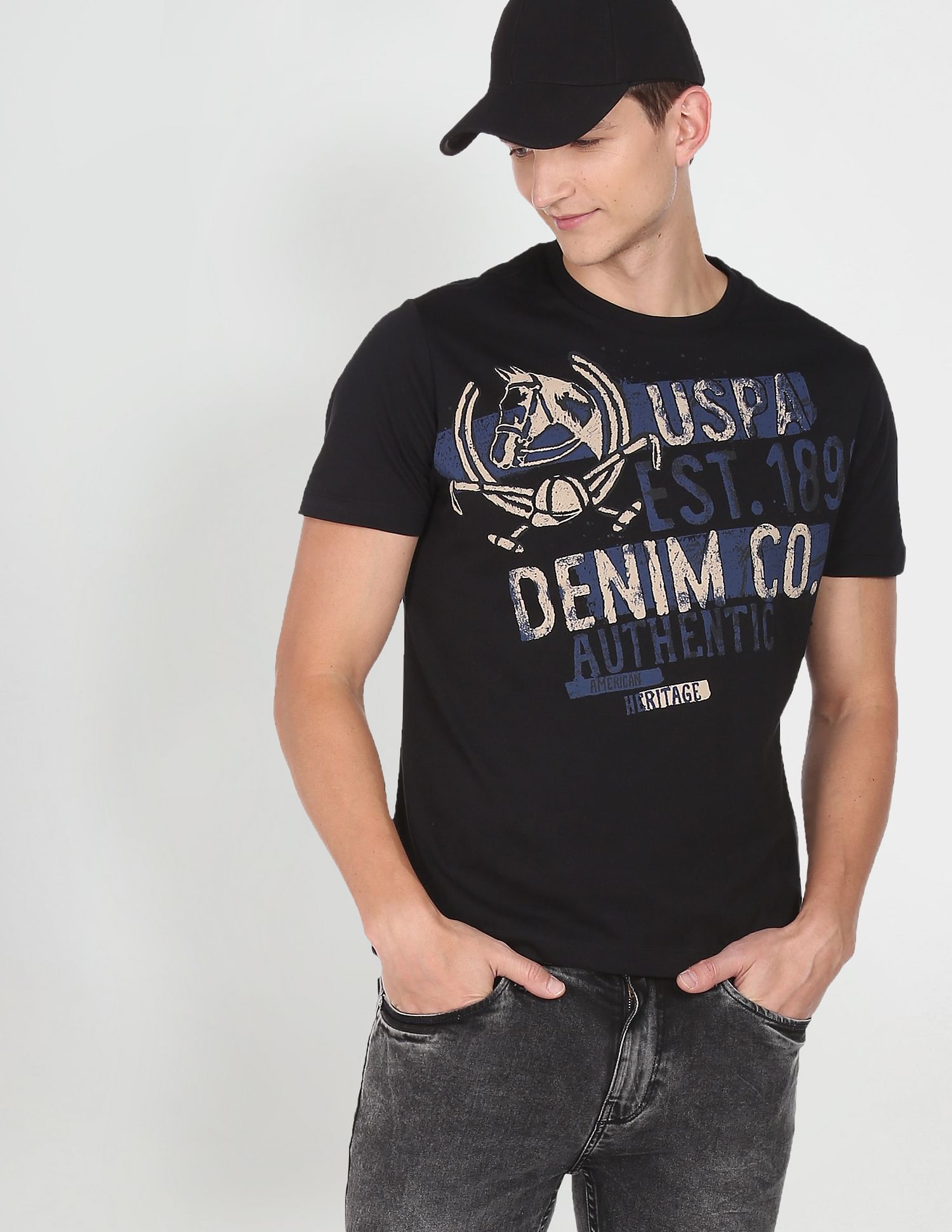 Crew Neck Graphic Print Cotton T-Shirt Black - U.S. POLO ASSN. | Large