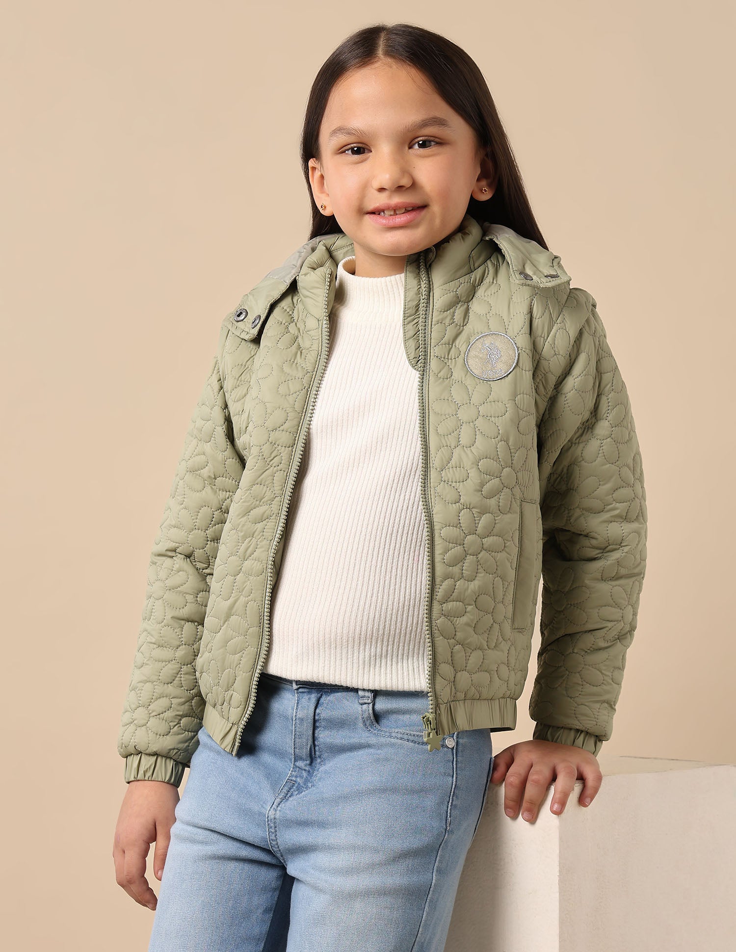 Girls Detachable Hood And Sleeve Jacket