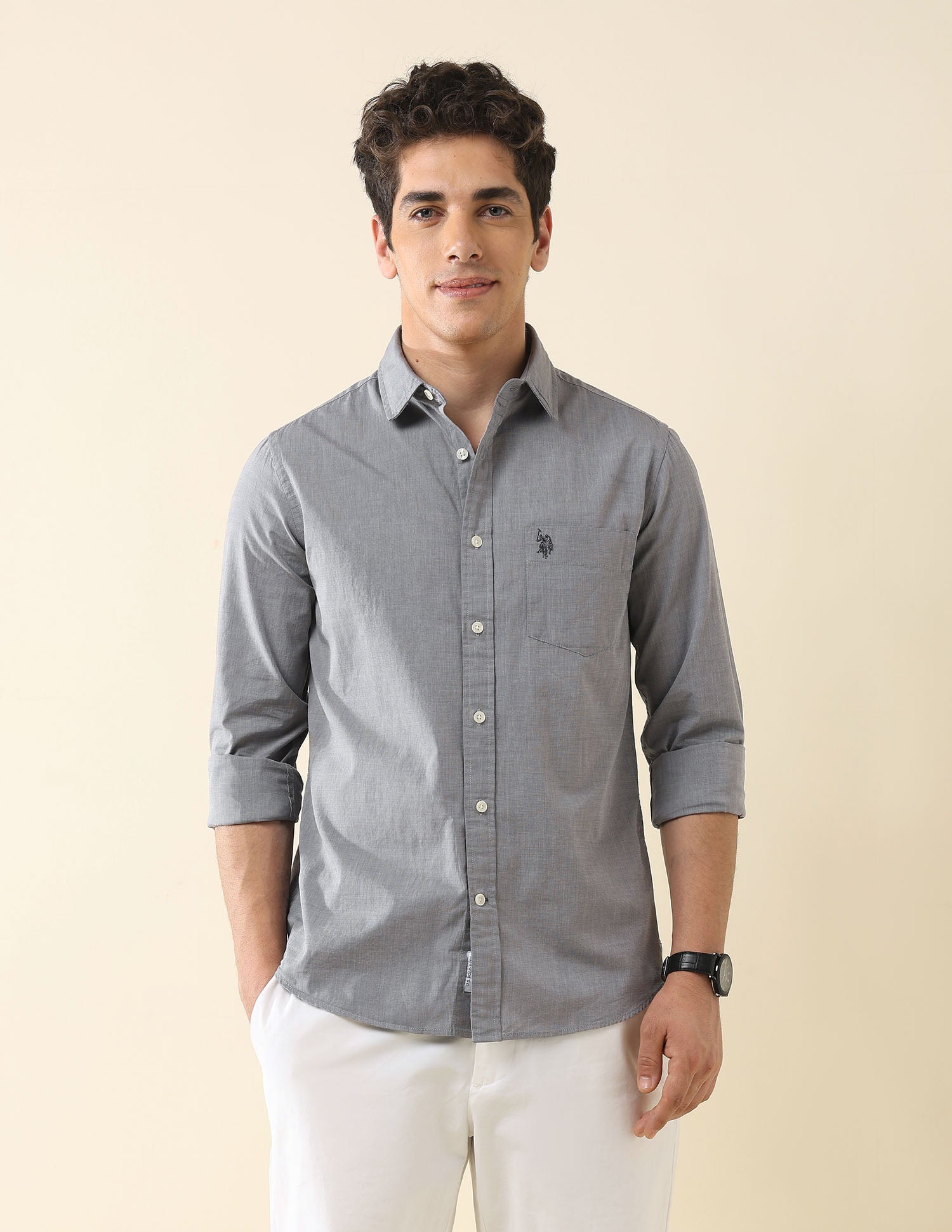 Solid Tailored Fit Fil-À-Fil Shirt Grey - U.S. POLO ASSN. | Large