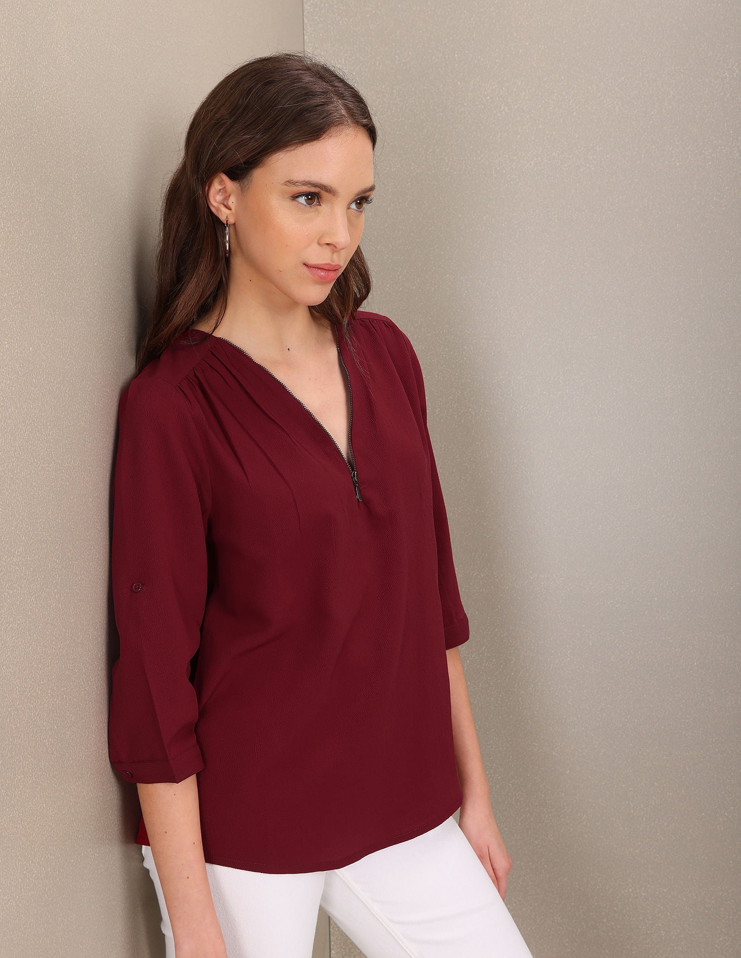Three Quarter Sleeve Solid Top Maroon - U.S. Polo Assn. India | Large