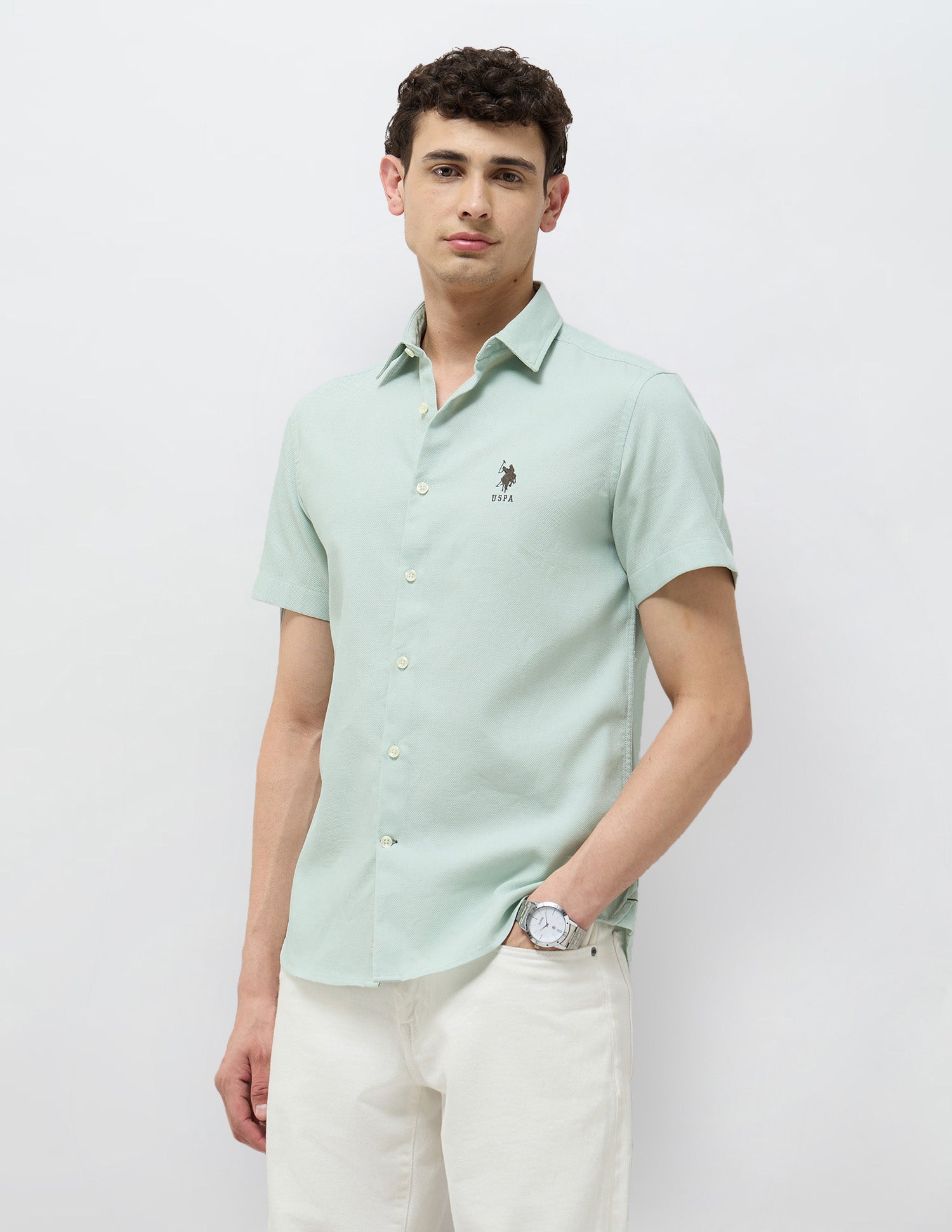 Textured Regular Fit Shirt Light Green - U.S. Polo Assn. India | Large