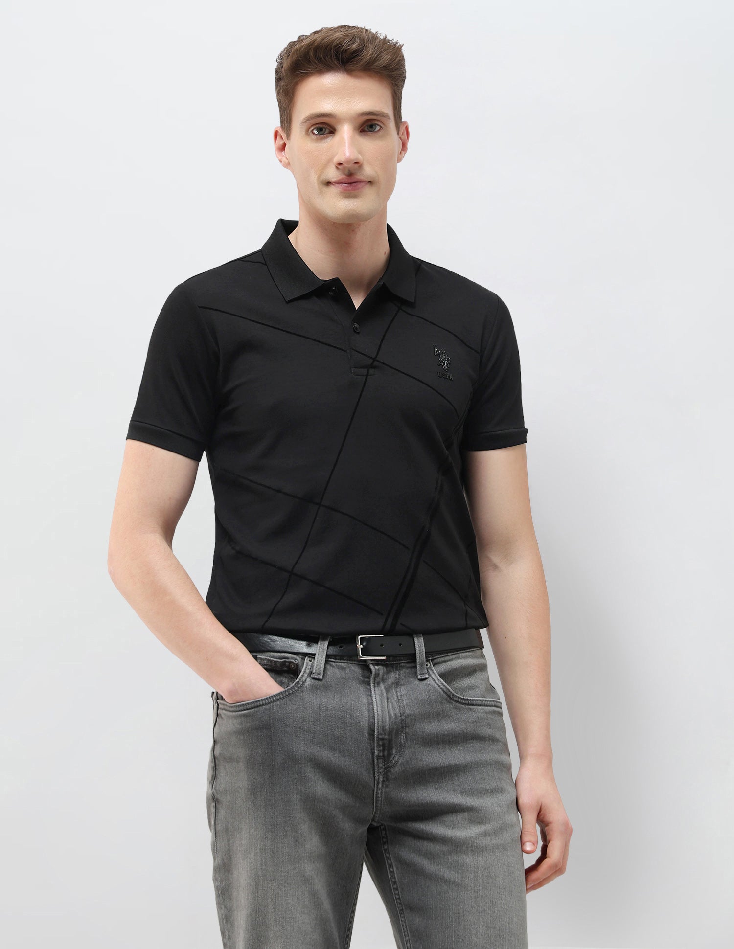 Geometric Printed Black & Gold Polo Shirt