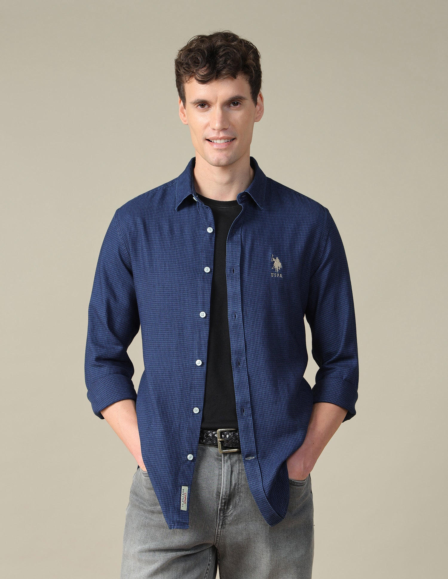 Self Design Houndstooth Twill Shirt Indigo - U.S. Polo Assn. India | Large