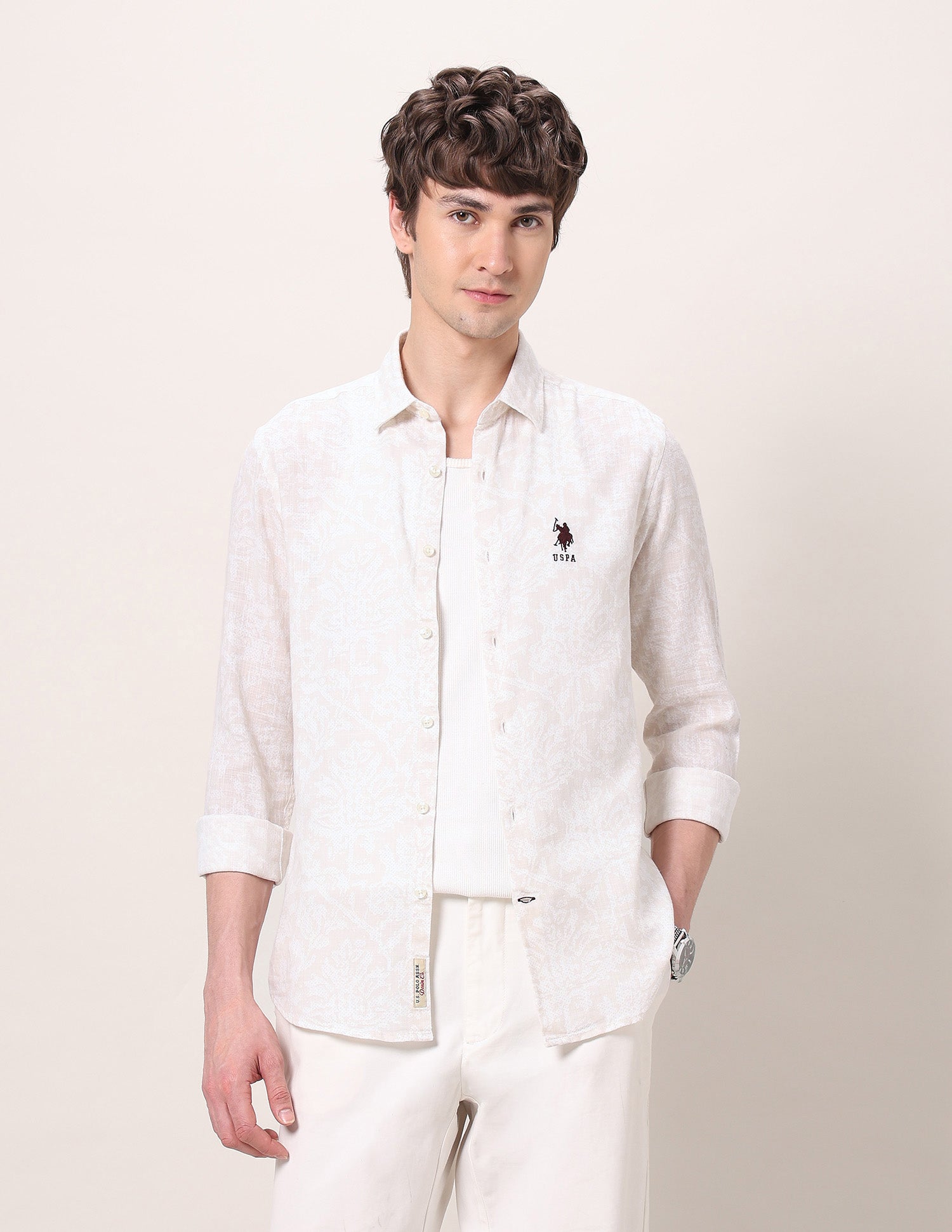 All-Over Printed Regular Fit Shirt Beige - U.S. Polo Assn. India | Large