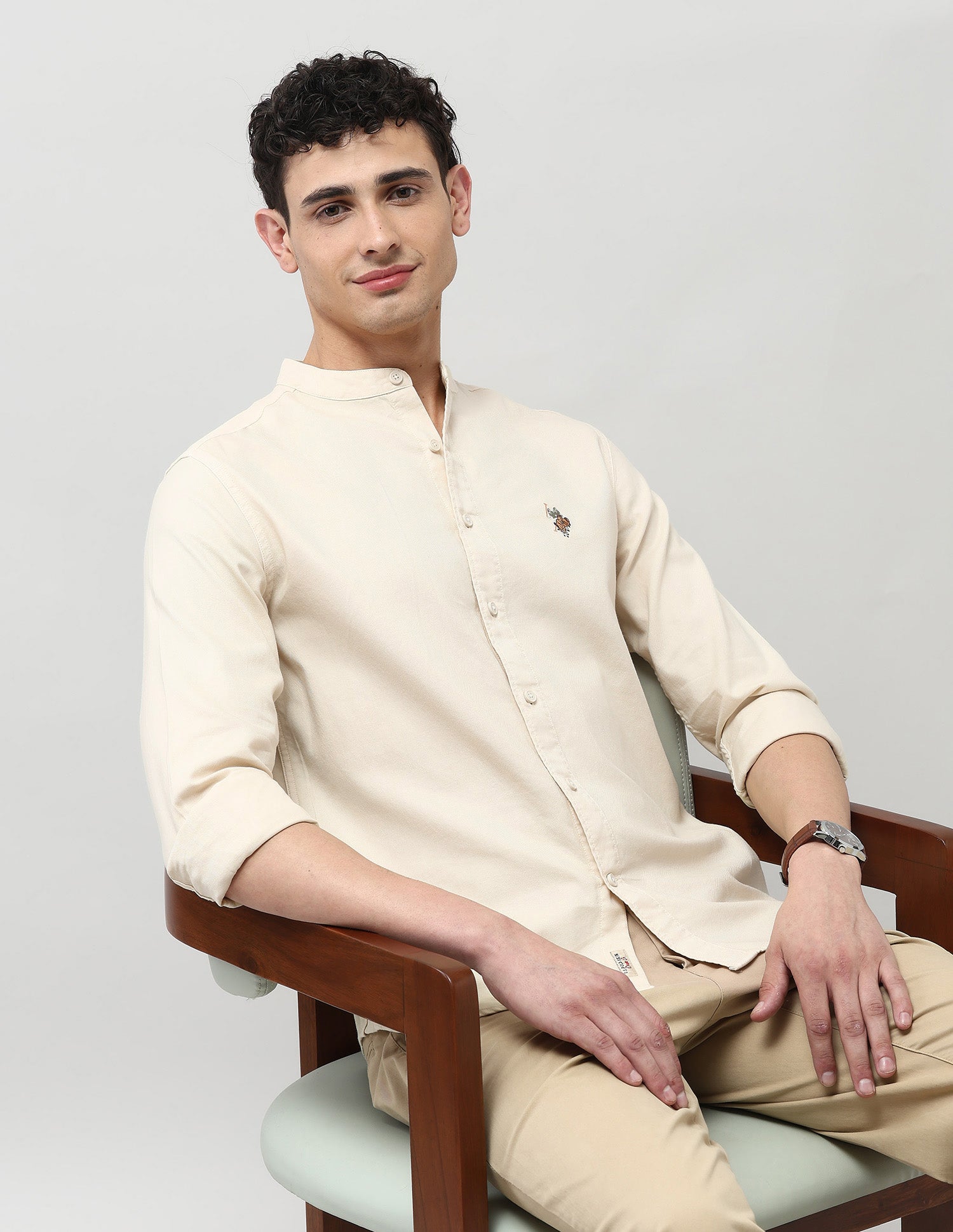 Twill Pure Cotton Mandarin Shirt Ivory - U.S. POLO ASSN. | Large