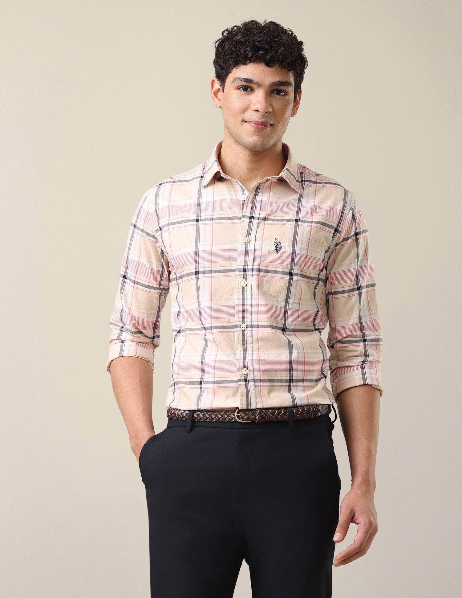 Plaid Checked Tailored Fit Shirt Beige - U.S. Polo Assn. India | Large