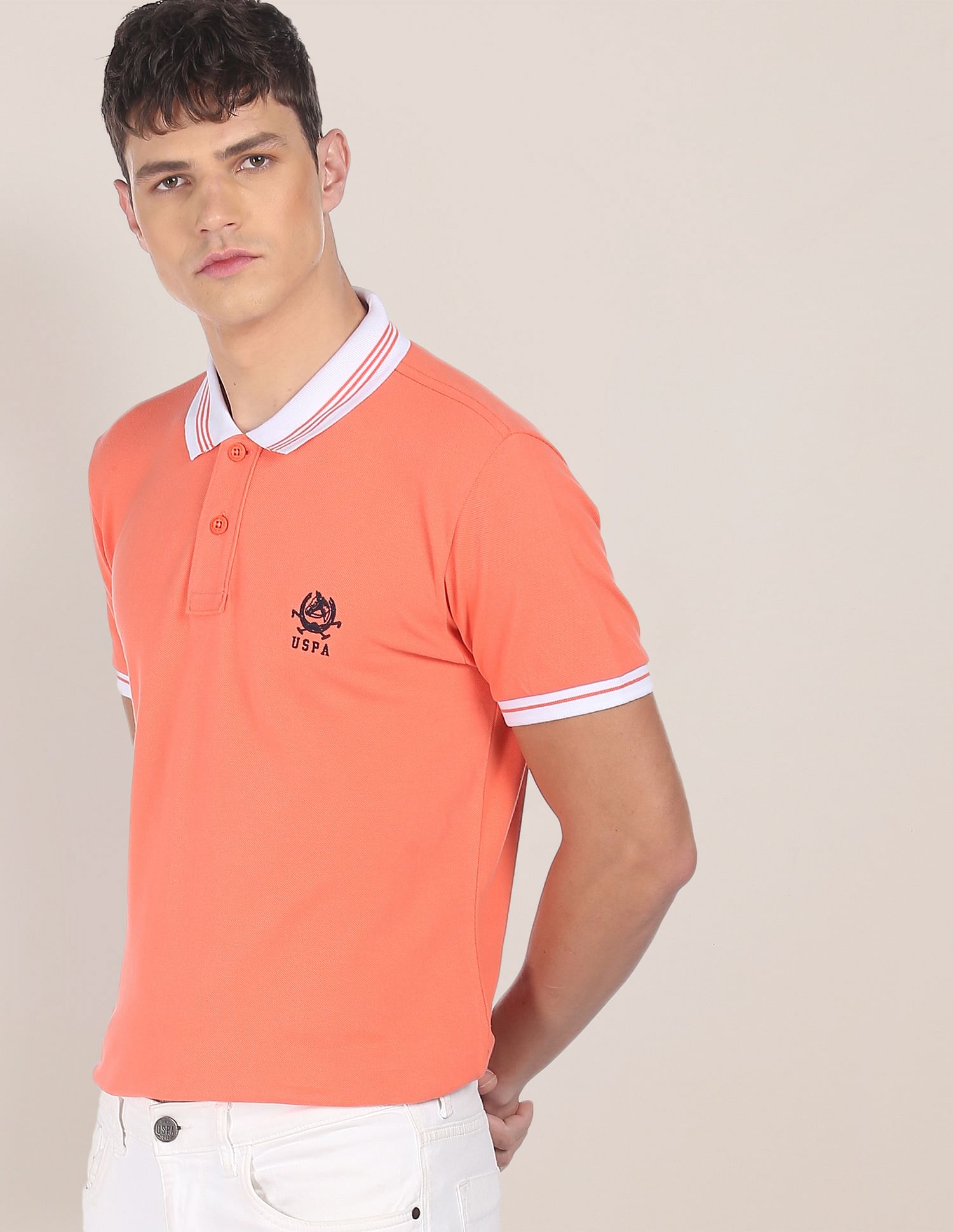 Men Peach Cotton Solid Polo Shirt Peach - U.S. POLO ASSN. | Large