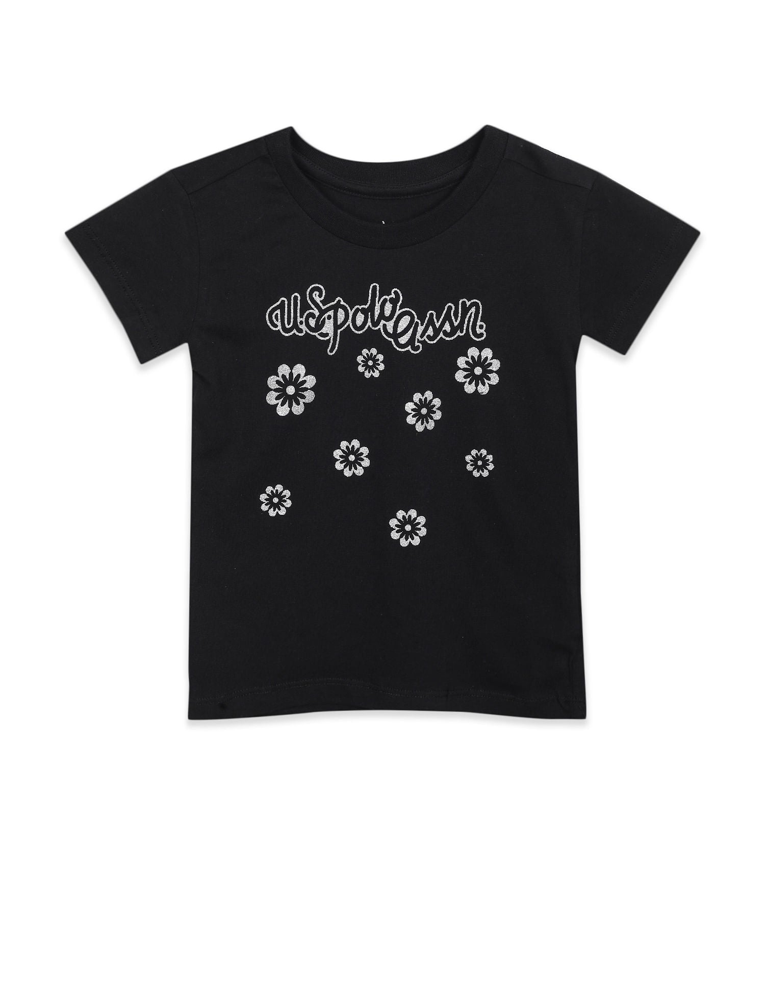 Girls Black Crew Neck Glitter Print T-Shirt Black - U.S. POLO ASSN. | Large