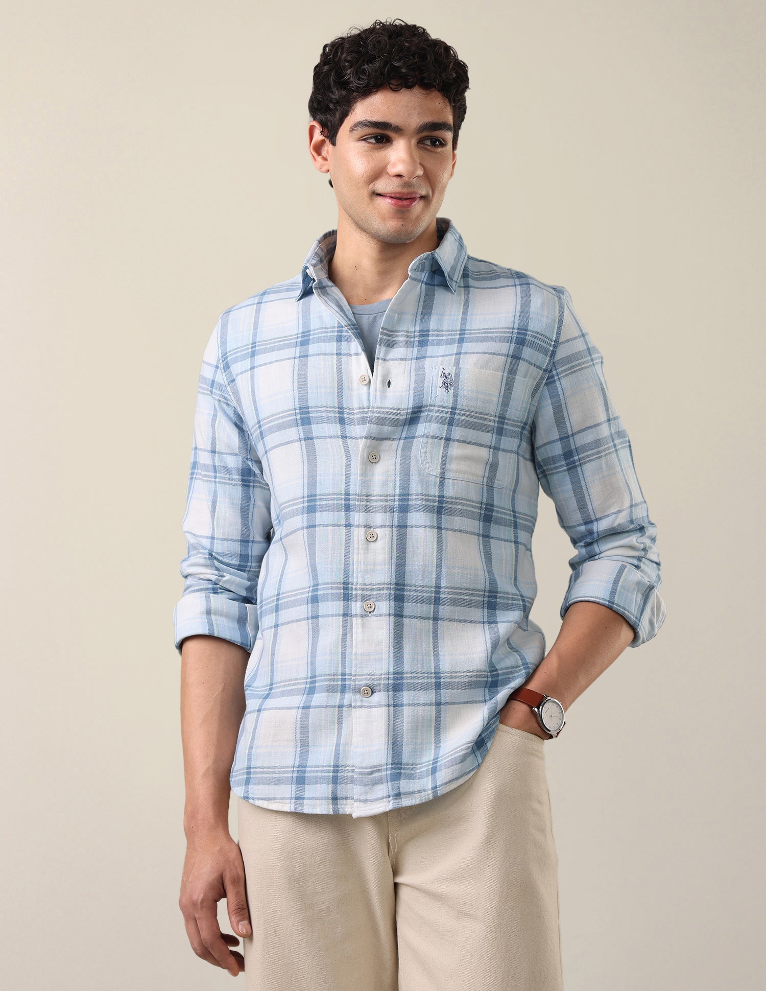 Twill Windowpane Checked Shirt Light Blue - U.S. Polo Assn. India | Large