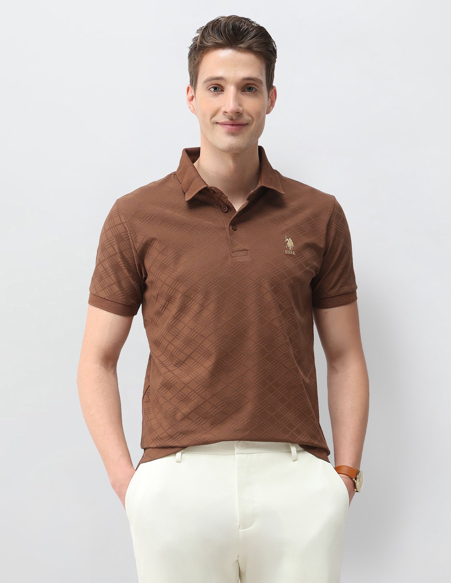 Geometric Printed Slim Fit Polo Shirt Brown - U.S. Polo Assn. India | Large