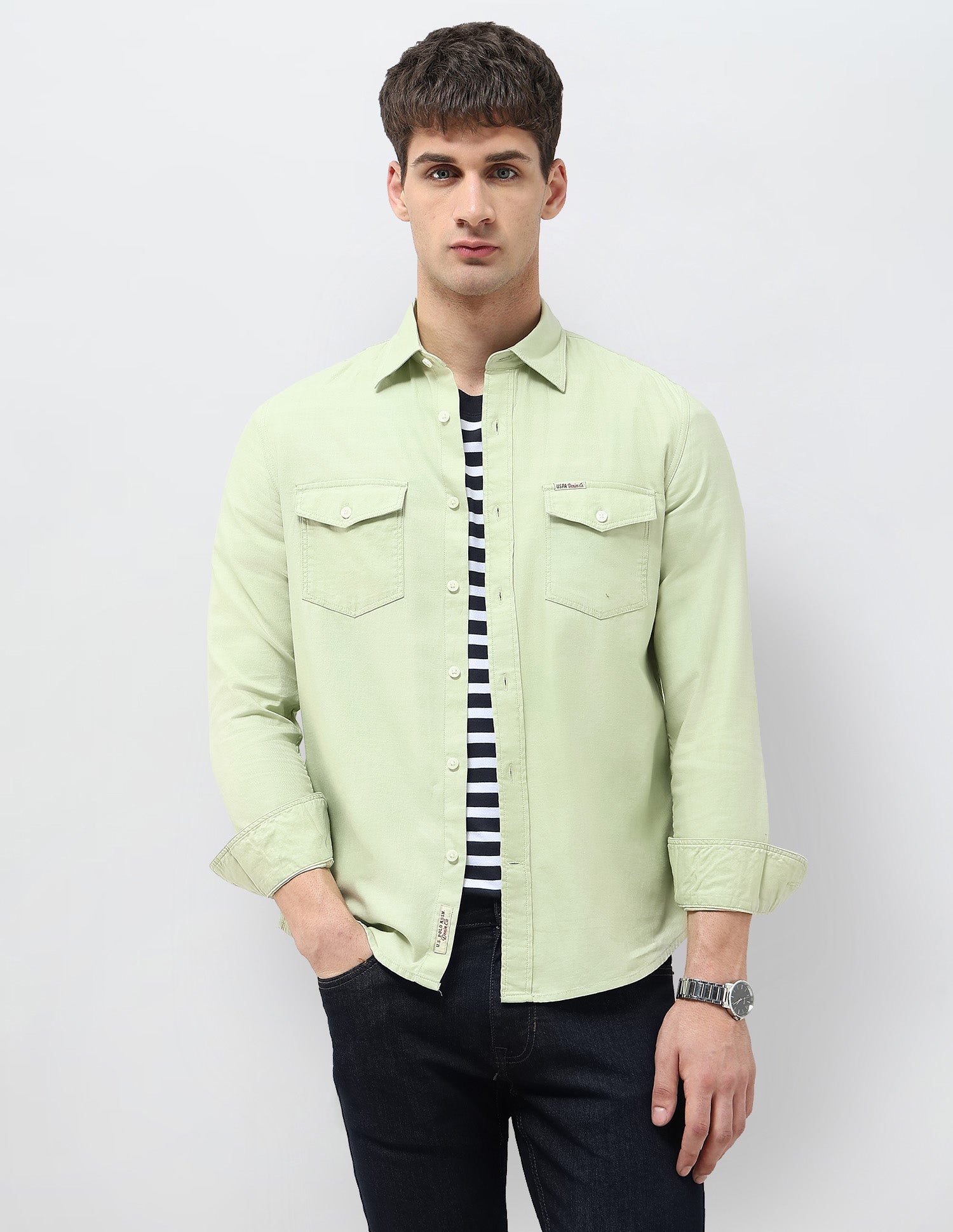 Solid Regular Fit Twill Shirt Light Green - U.S. Polo Assn. India | Large