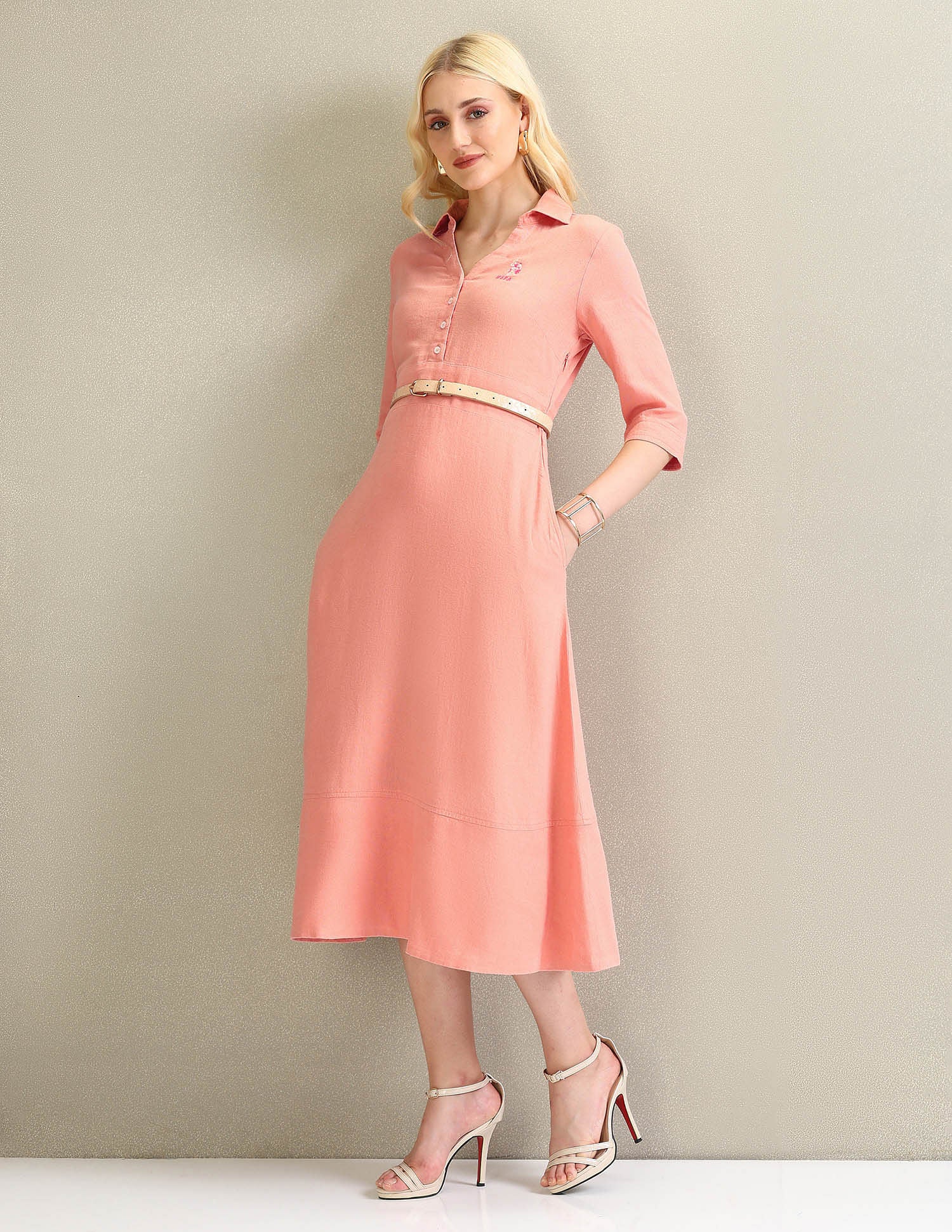 Solid Linen Viscose A-Line Dress Coral - U.S. Polo Assn. India | Large