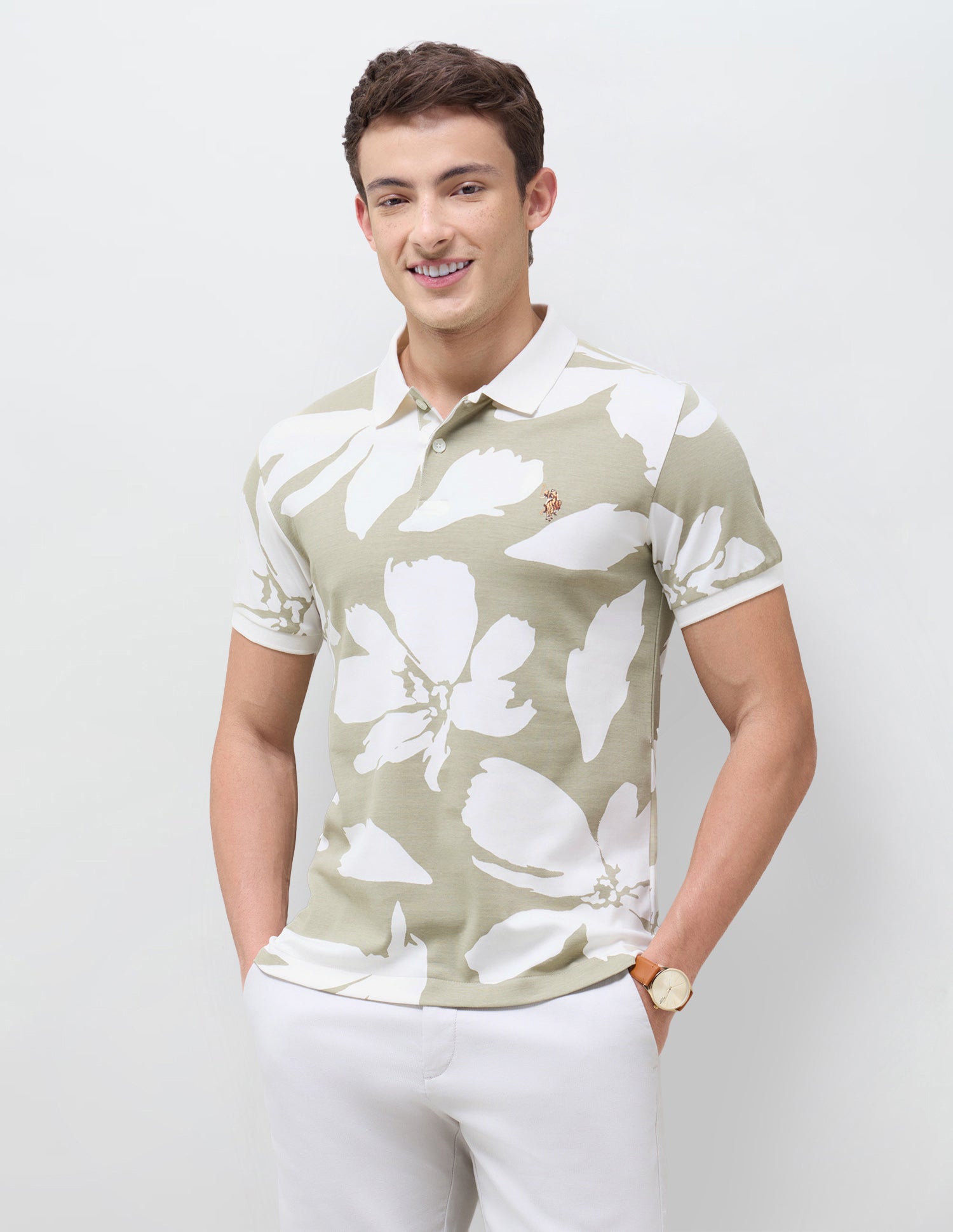 Floral Printed Slim Fit Polo Shirt Olive - U.S. Polo Assn. India | Large