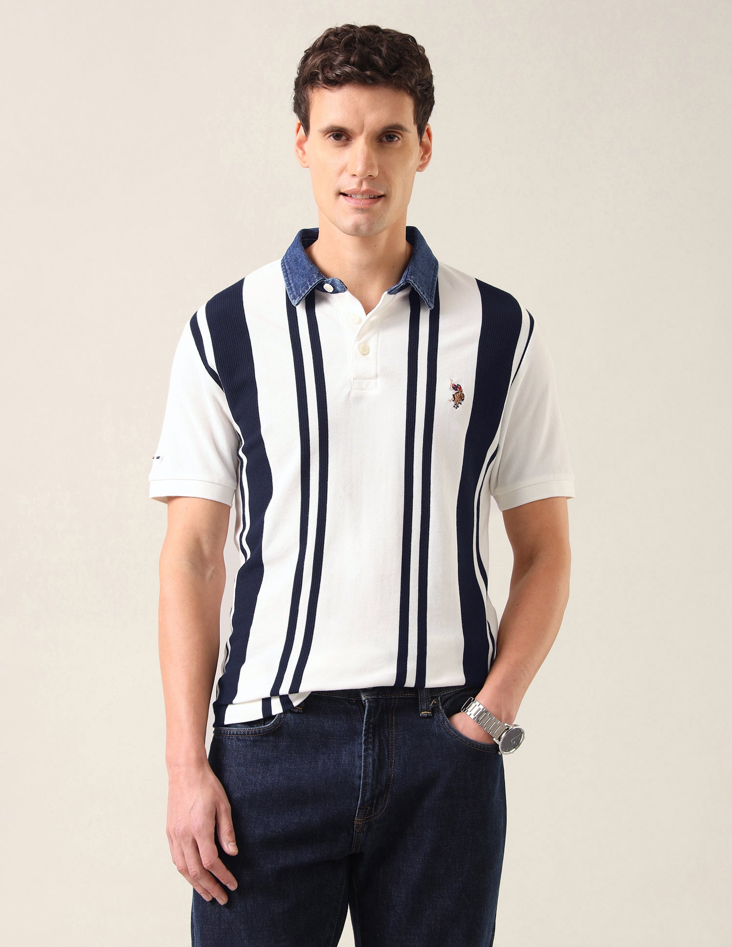 Vertical Striped Slim Fit Polo Shirt Ivory - U.S. Polo Assn. India | Large